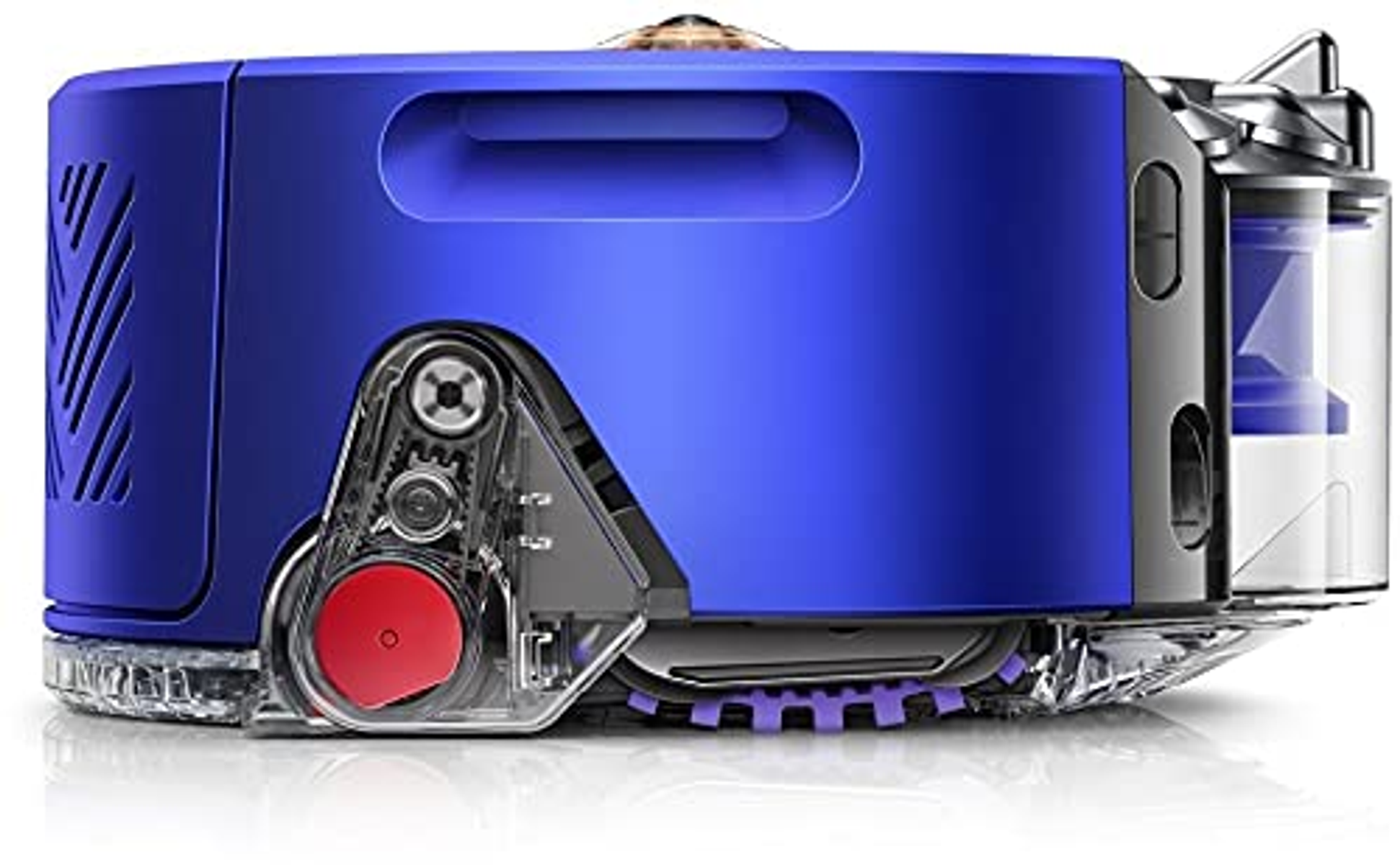 Ein blauer Dyson-Roboterstaubsauger, der die Vorderseite mit Rädern und Sensoren zeigt.