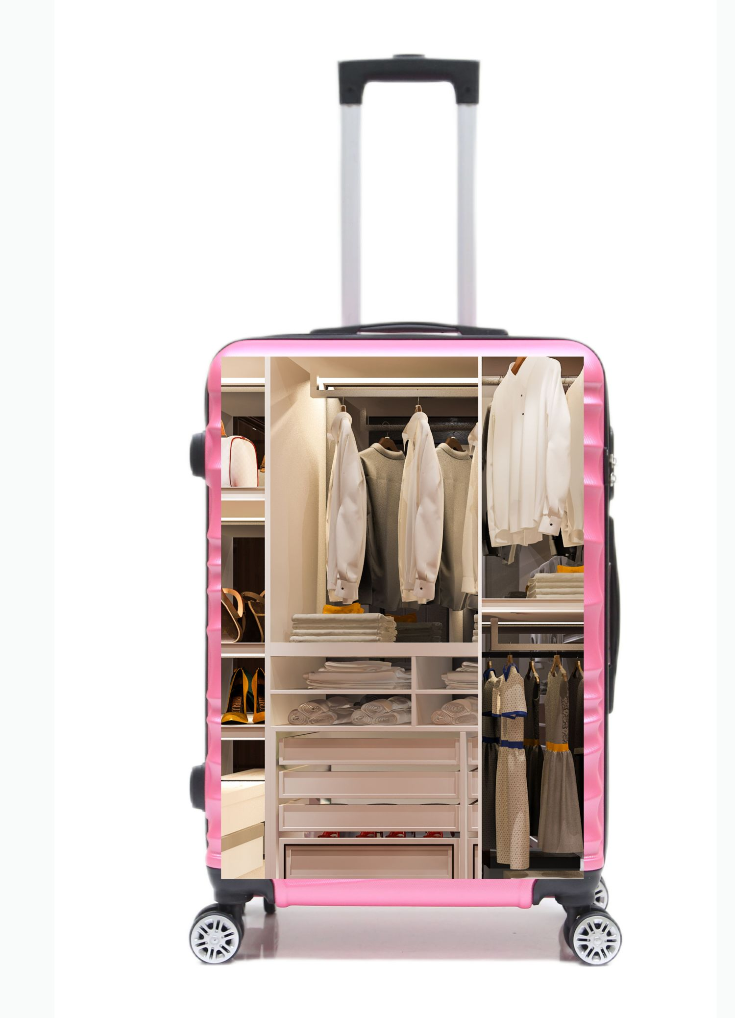 Ein rosa Koffer mit Kleiderschrank-Innenraum, der Kleidung und Accessoires zeigt.
