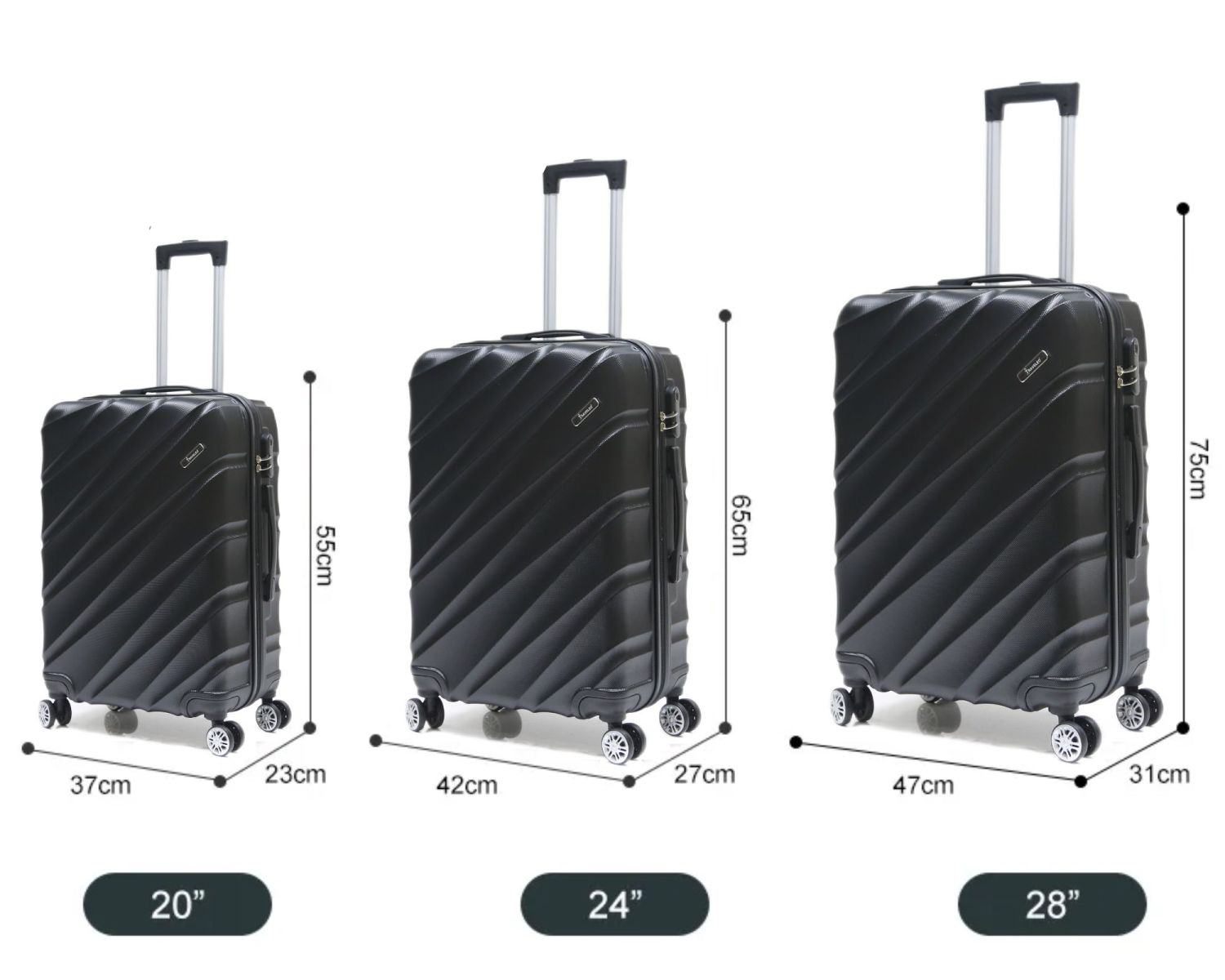 Drei schwarze Koffer in verschiedenen Größen mit Maßen, beschriftet mit 20", 24" und 28".