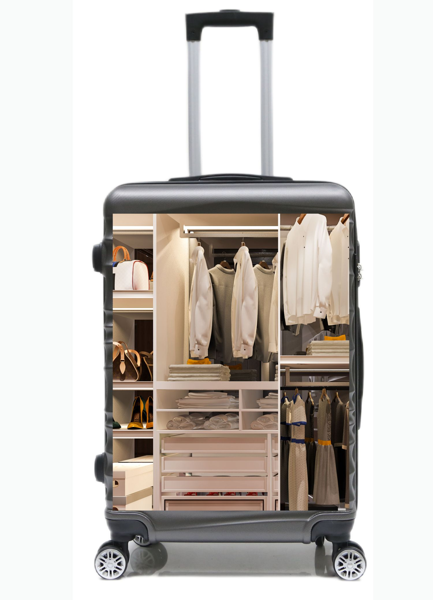 Ein Koffer mit offenem Innenraum, der Kleidung, Regale und Accessoires zeigt.