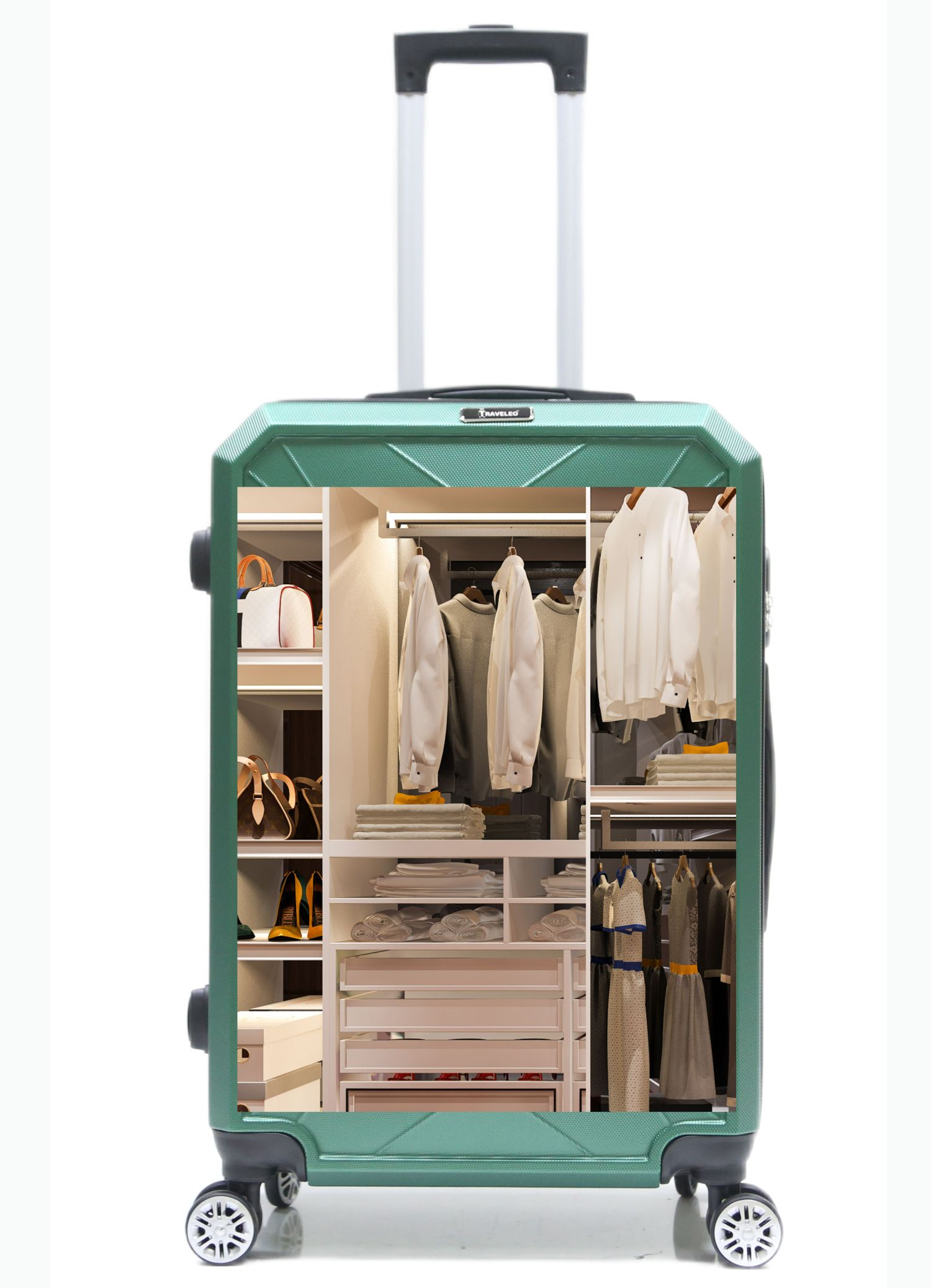 Ein grüner Koffer mit offenem Innenraum, der einen Kleiderschrank zeigt.