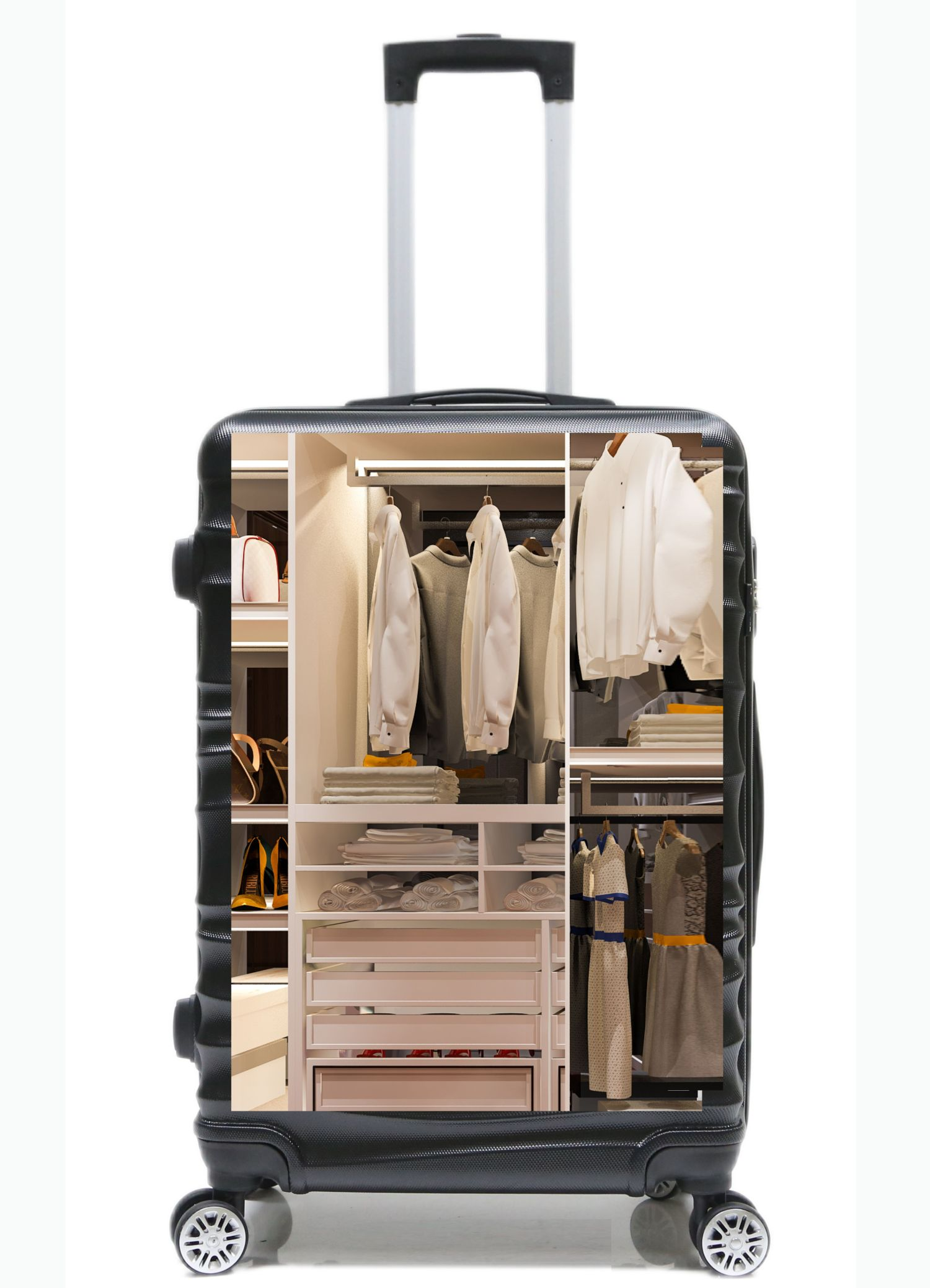 Ein Koffer mit eingebautem Kleiderschrank. Kleidung und Accessoires sind im Koffer sichtbar.