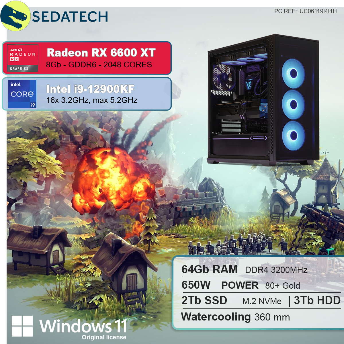 Intel Prozessor, Windows RAM, SSD, i9 mit SEDATECH GB i9-12900KF 11 6600, Core™ Wasserkühlung, GB mit HDD, Radeon™ 3000 64 GB RX Gaming 2000 AMD 8 mehrsprachig, Intel® GB Home PC