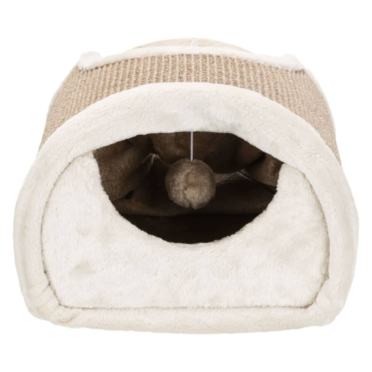 Beiges Katzenbett mit flauschigem Innenraum und einem baumelnden Ballspielzeug.