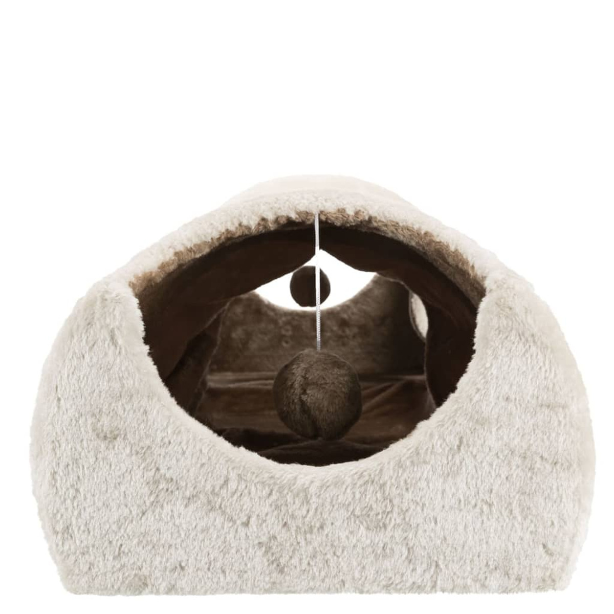 Katzenbett, flauschig, hellfarbig mit dunklem Innenraum. Ball an Schnur hängt innen.