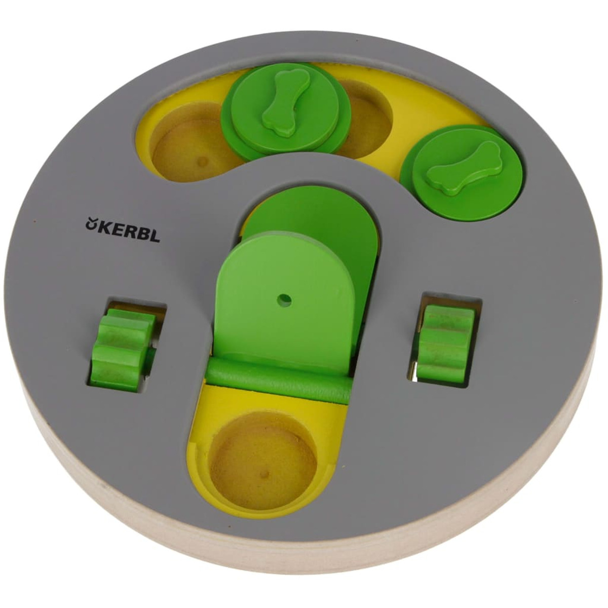Ein Hundepuzzlespielzeug. Es hat verschiebbare und abnehmbare Teile mit knochenförmigen Elementen.