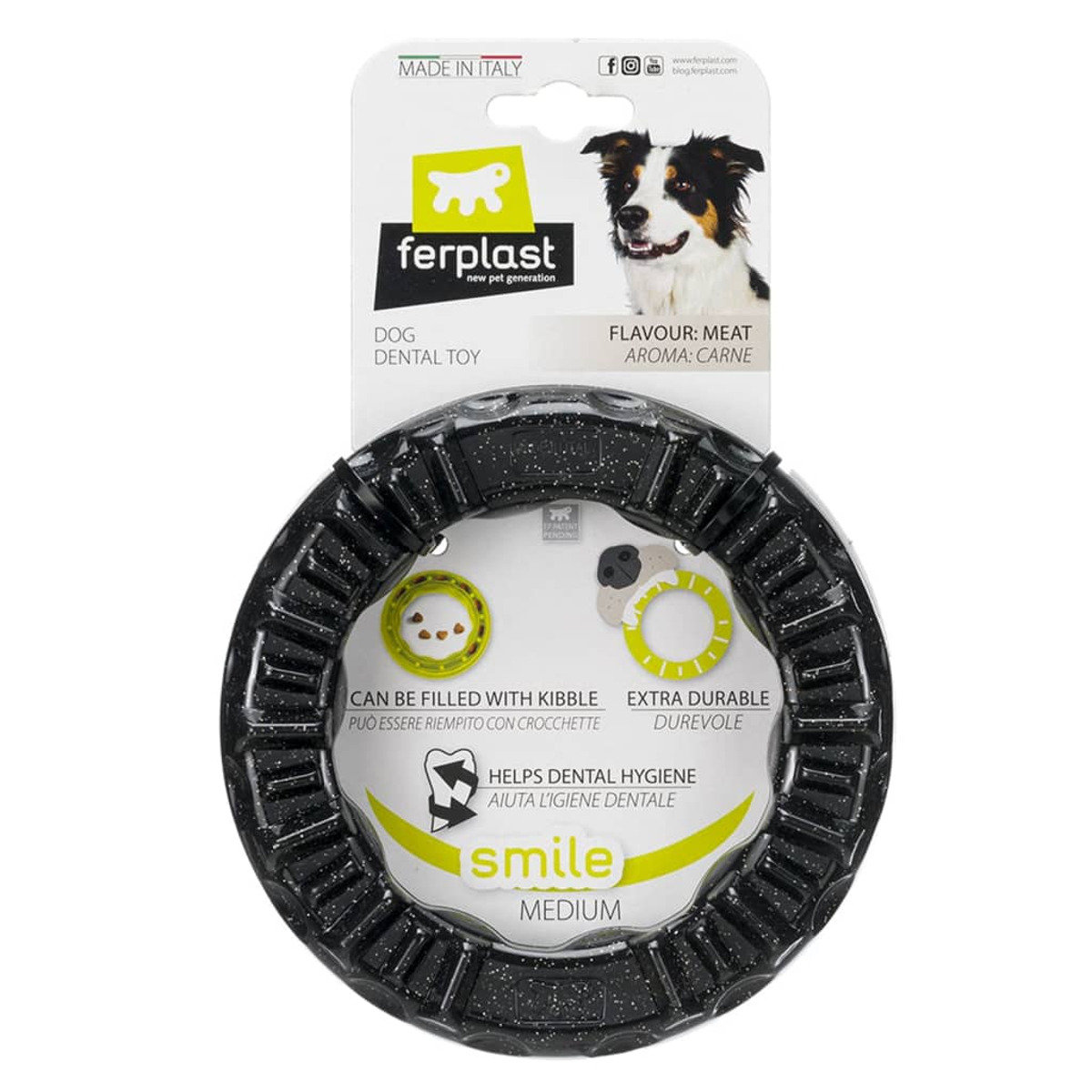 Eine Verpackung für ein Hunde-Dentalspielzeug. Es ist schwarz mit weißer Mitte und zeigt ein Hundegesicht.