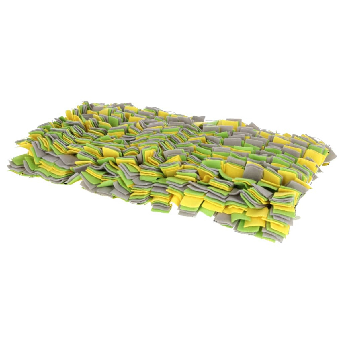 Tappetino di arricchimento per cani con piccoli quadrati di tessuto giallo, verde e grigio.