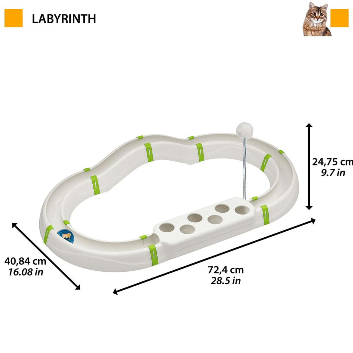Weißes Katzenspielzeug-Labyrinth mit grünen Akzenten. Abmessungen sind mit Pfeilen dargestellt.