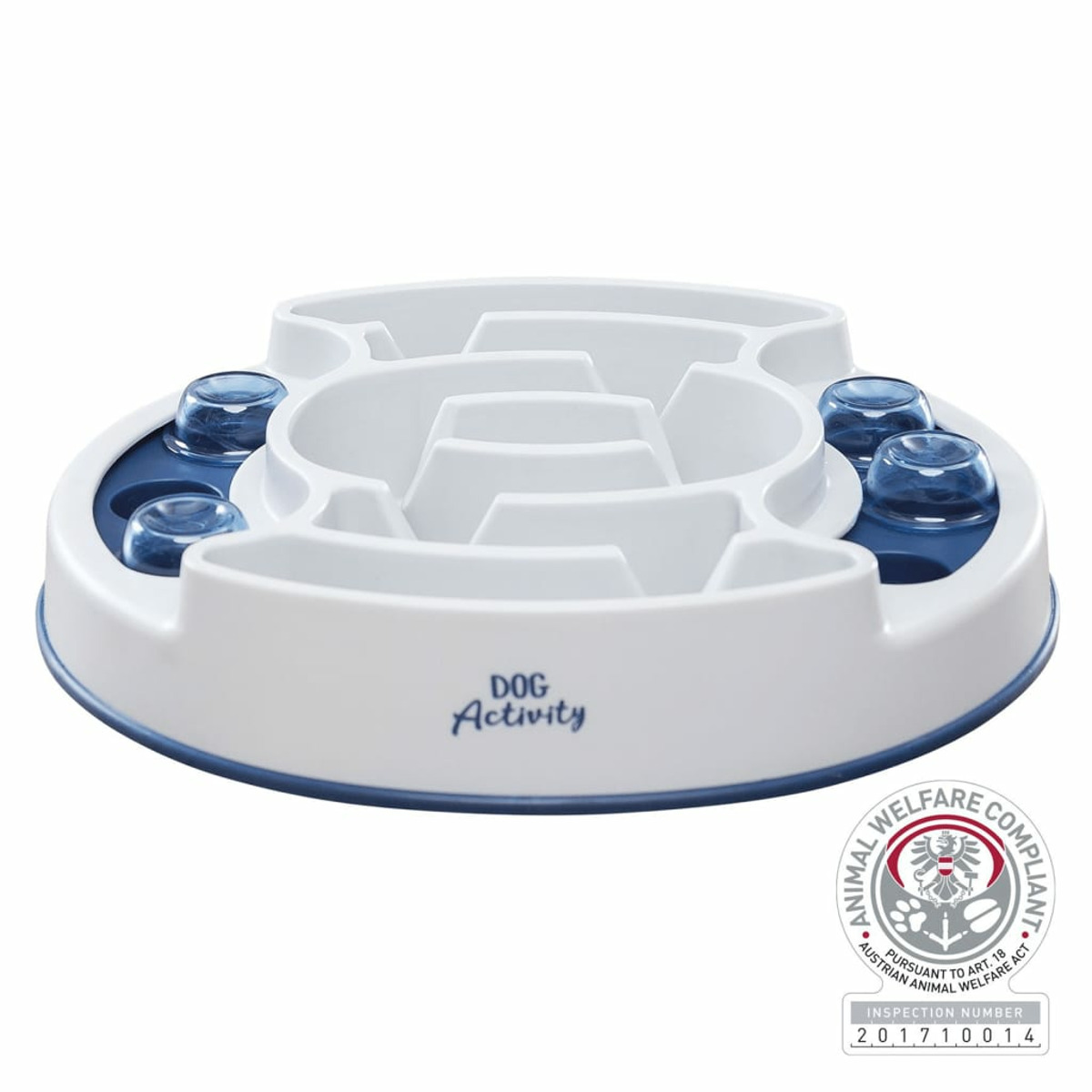 Biała układanka dla psa z niebieskimi przegródkami i logo.