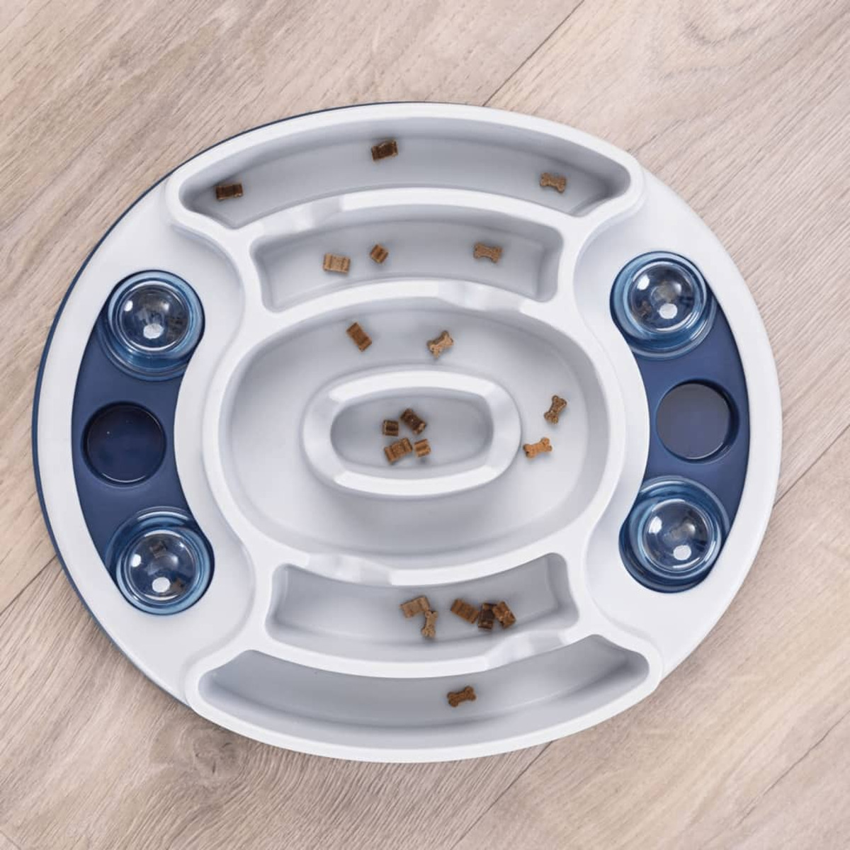 Zabawka logiczna dla psa z przysmakami w różnych przegródkach.