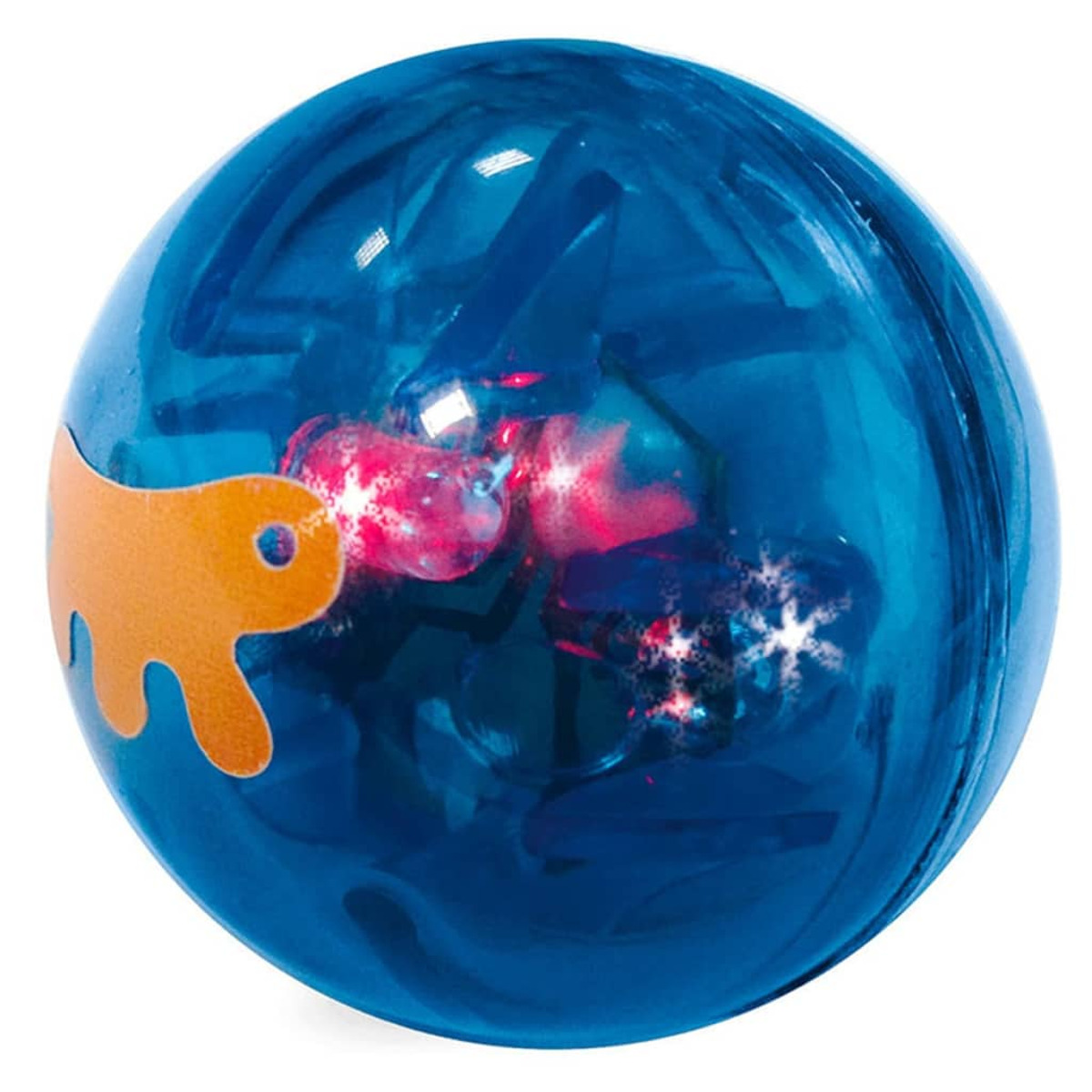Palla blu con adesivo a forma di gatto arancione all'interno, con luci rosse.