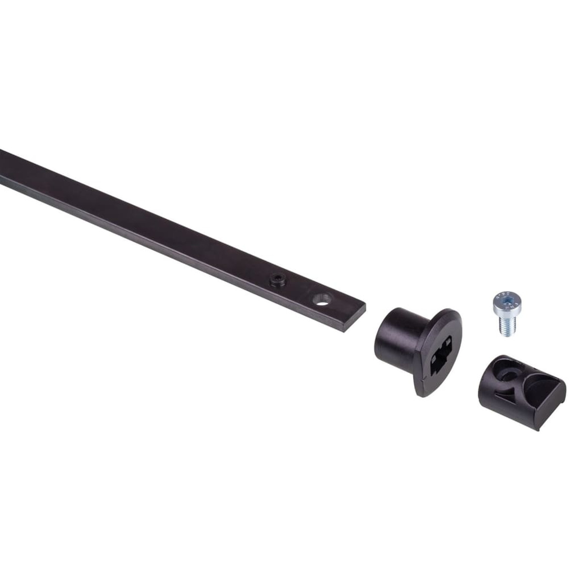 Mehrere zerlegte Teile, darunter ein Metallstab und ein schwarzes Kunststoffteil.