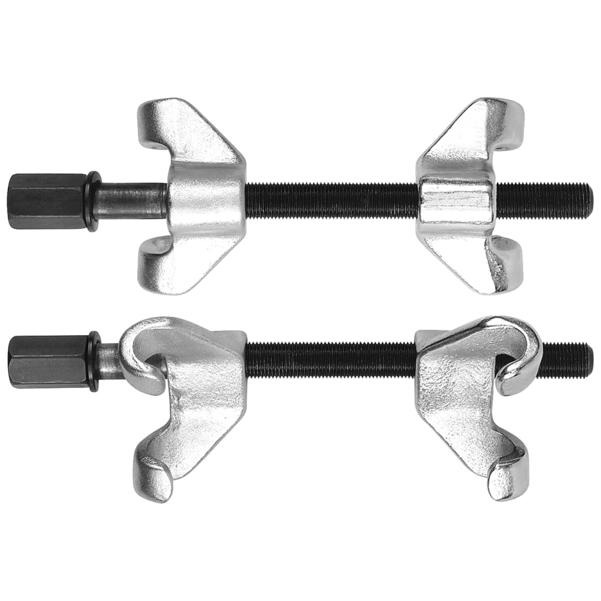 Dos compresores de muelles metálicos con centro negro. Las herramientas se utilizan para trabajos de suspensión automotriz.