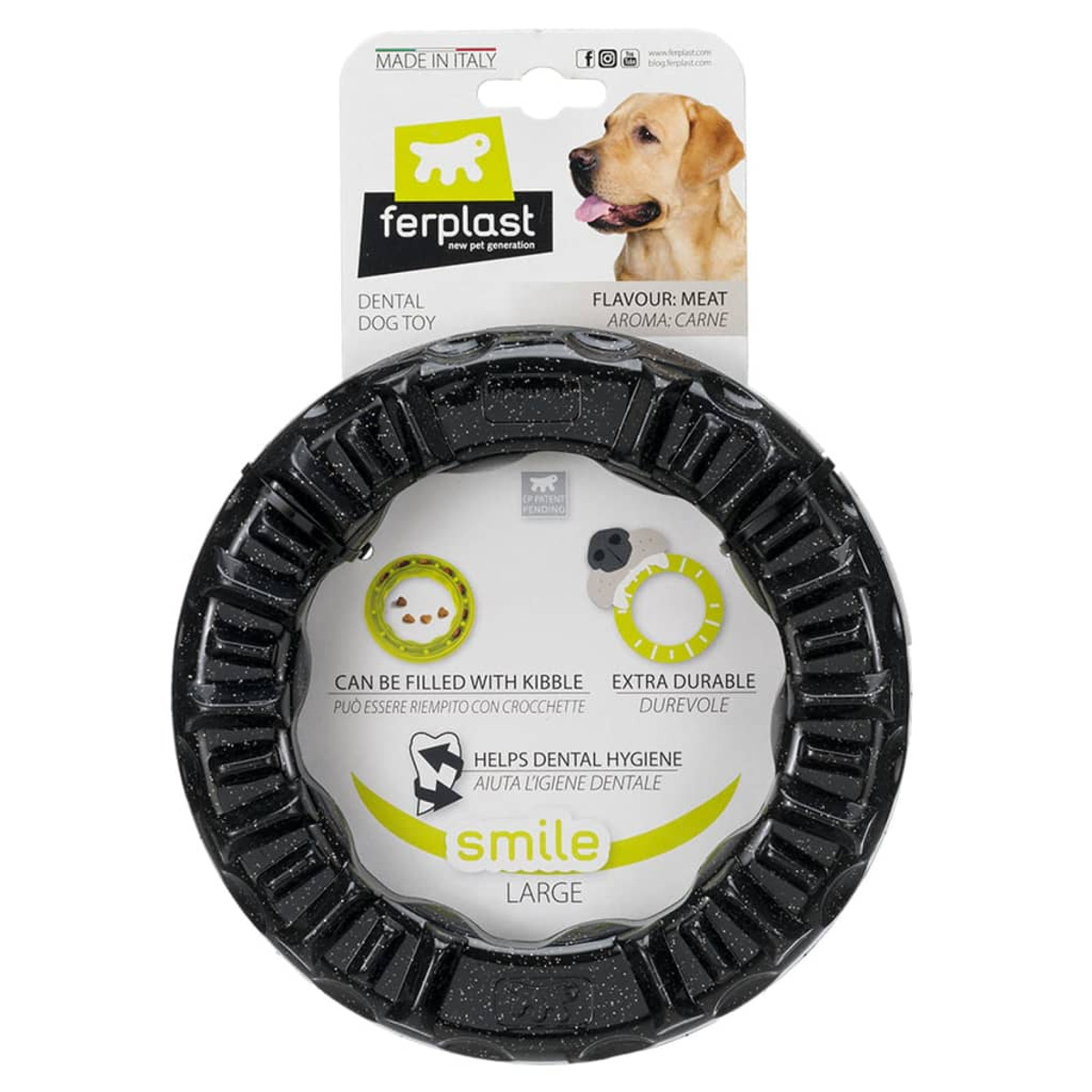 Schwarzes Hundespielzeug mit kreisförmigem Design und Hundeabbildung.