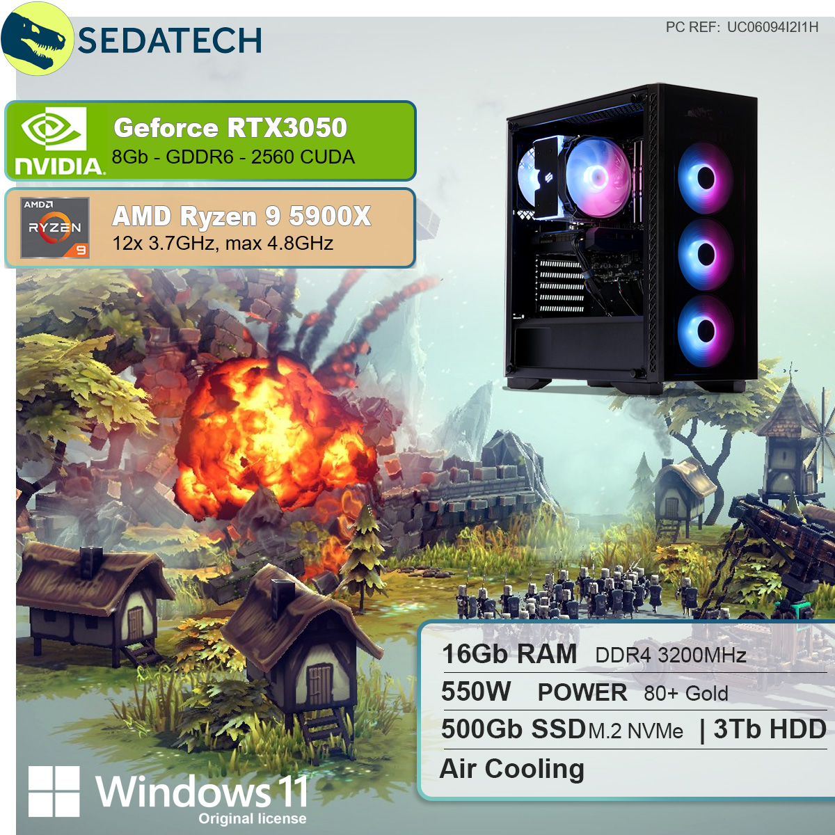 SEDATECH AMD Ryzen mit PC 16 HDD, 9 RAM, SSD, 3000 GB Home 3050, GB Ryzen™ RTX™ AMD 9 mehrsprachig, GB 500 GeForce 11 Gaming GB Windows 8 NVIDIA Prozessor, 5900X