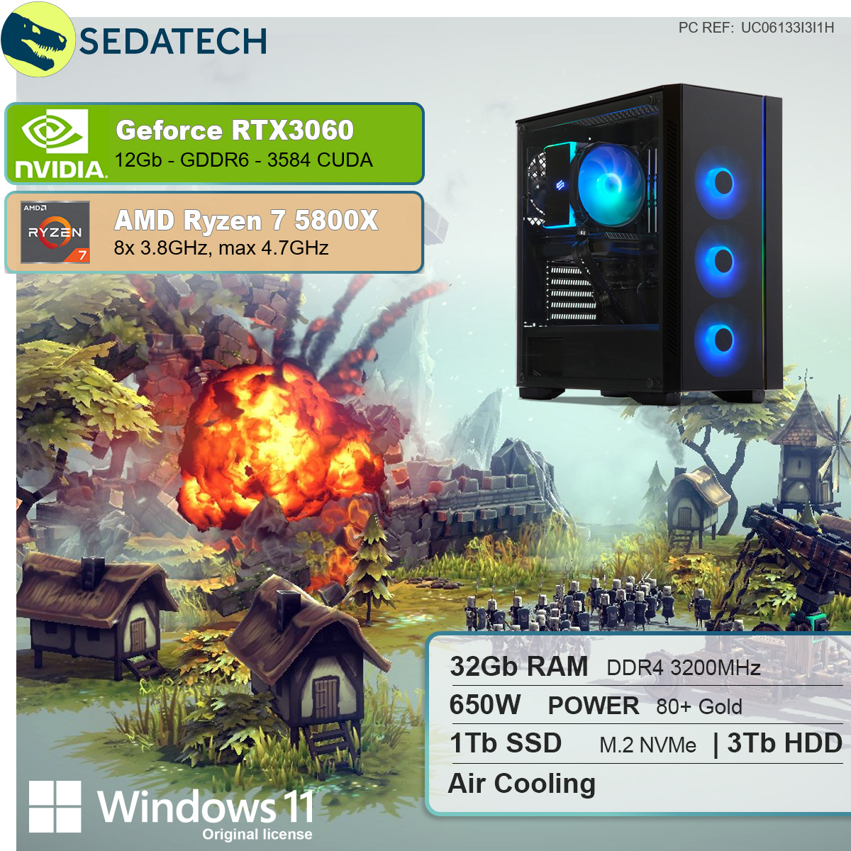 SSD, 1000 GB AMD Ryzen™ 32 RAM, Prozessor, RTX™ 7 7 HDD, 3060, PC mit 12 11 GB GB GeForce Ryzen mehrsprachig, Home SEDATECH AMD 3000 Windows GB NVIDIA 5800X, Gaming