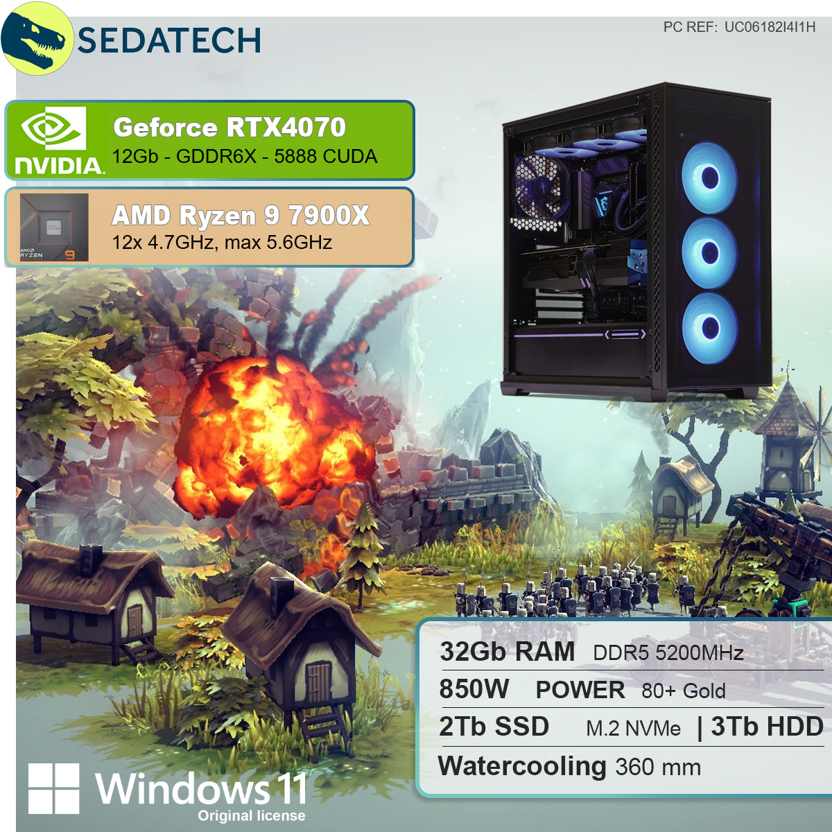 SEDATECH AMD 9 GB Wasserkühlung, Ryzen GeForce Gaming SSD, 2000 PC Windows GB Prozessor, mit GB 12 32 RAM, mit 7900X 11 Ryzen™ RTX™ HDD, 3000 GB NVIDIA 9 4070, AMD mehrsprachig, Home