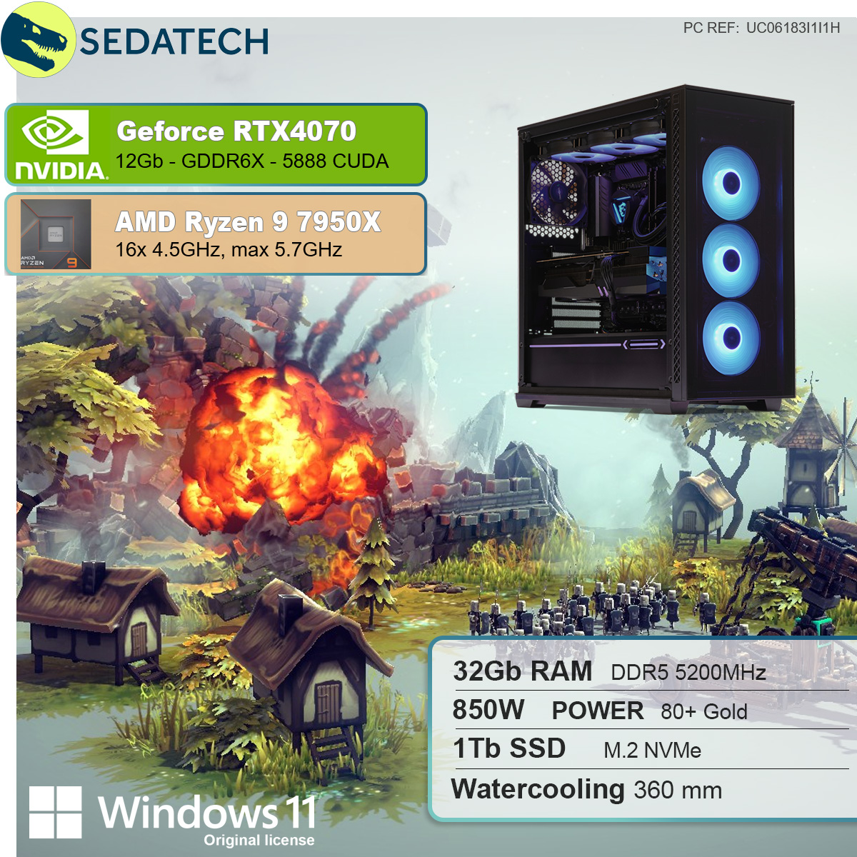 11 Ryzen PC AMD SEDATECH GeForce Ryzen™ 32 Windows 12 GB 1000 NVIDIA Wasserkühlung, AMD mit 7950X Home 9 GB RTX™ SSD, 9 mit RAM, GB mehrsprachig, Gaming Prozessor, 4070,