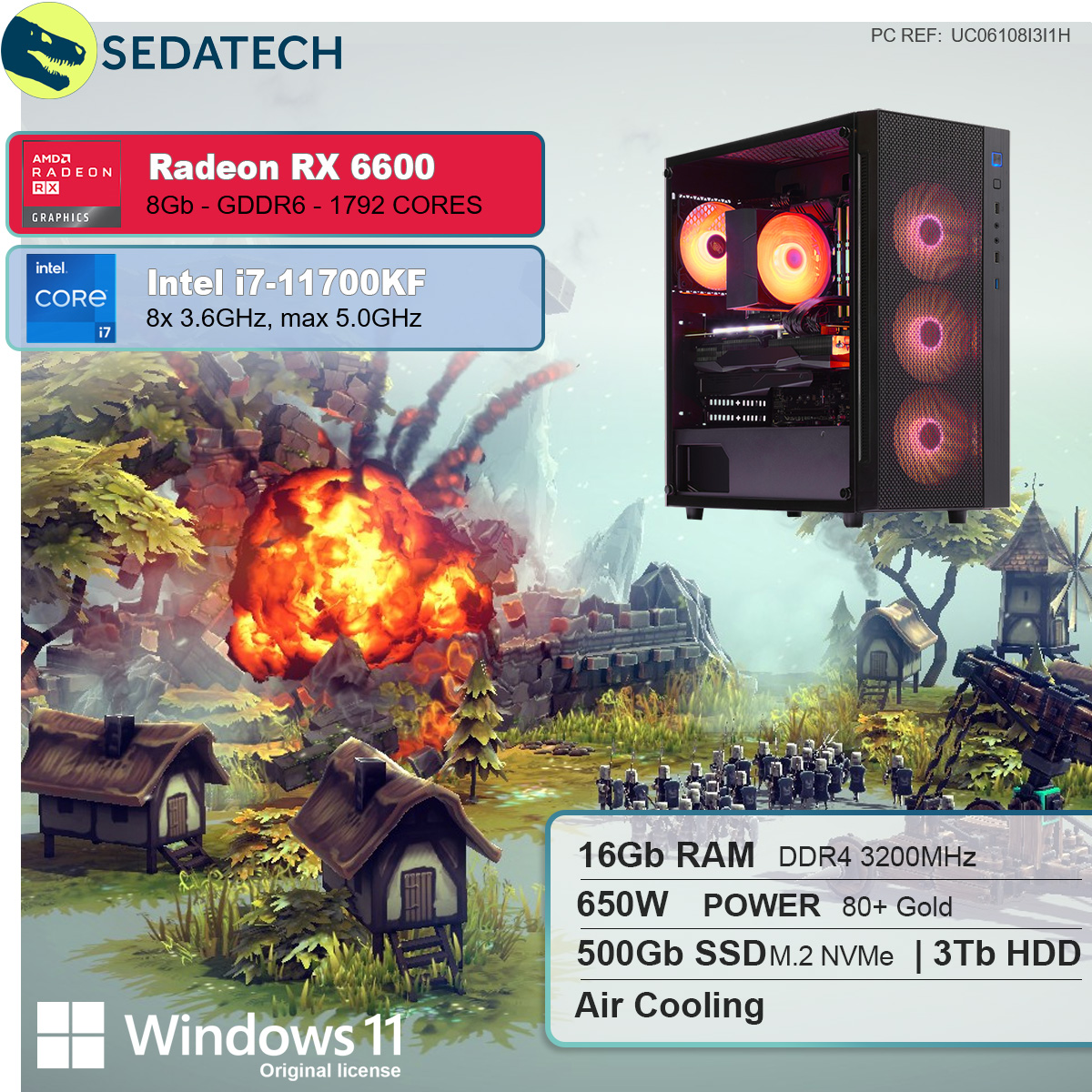 SEDATECH Intel i7-11700KF, Windows Prozessor, 500 SSD, Radeon™ RAM, GB RX HDD, 3000 GB 16 Gaming GB mit GB Intel® i7 PC Core™ AMD Home 8 6600, mehrsprachig, 11