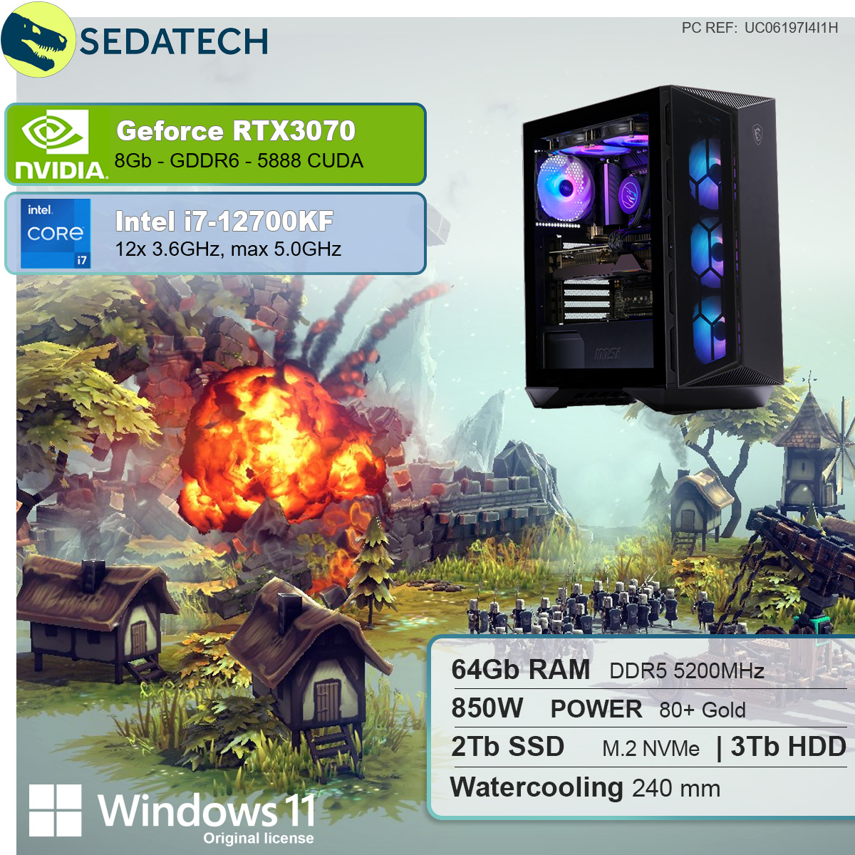 GB SSD, Intel RTX™ 64 Intel® Windows mit mehrsprachig, i7 HDD, GB Core™ 8 GB Prozessor, 11 mit PC 2000 RAM, NVIDIA Gaming 3070, GB 3000 Home i7-12700KF Wasserkühlung, GeForce SEDATECH