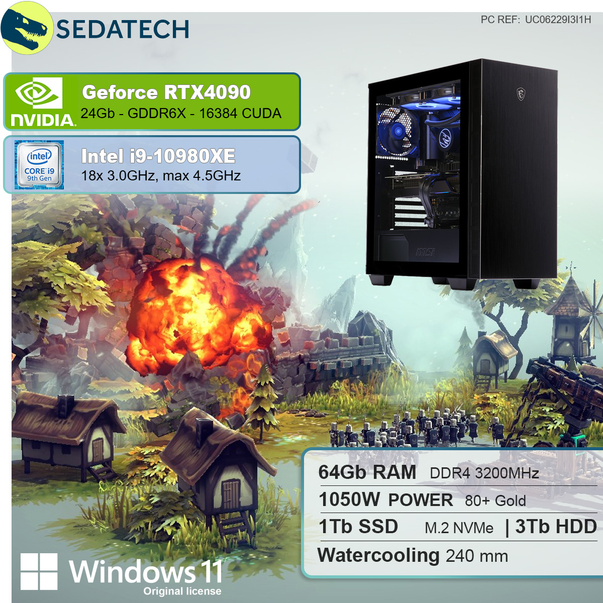 11 SSD, Intel mit PC NVIDIA 1000 Intel® Core™ 4090, RTX™ Gaming 24 GB RAM, 64 Wasserkühlung, GB mehrsprachig, i9 Windows Home GB SEDATECH i9-10980XE mit 3000 GeForce HDD, GB Prozessor,