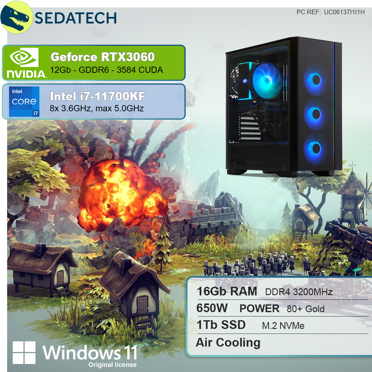 11 Gaming Core™ GB SEDATECH RTX™ GB i7 Intel 3060, mit GeForce Intel® 1000 Prozessor, i7-11700KF, SSD, PC mehrsprachig, NVIDIA GB 16 Home Windows 12 RAM,