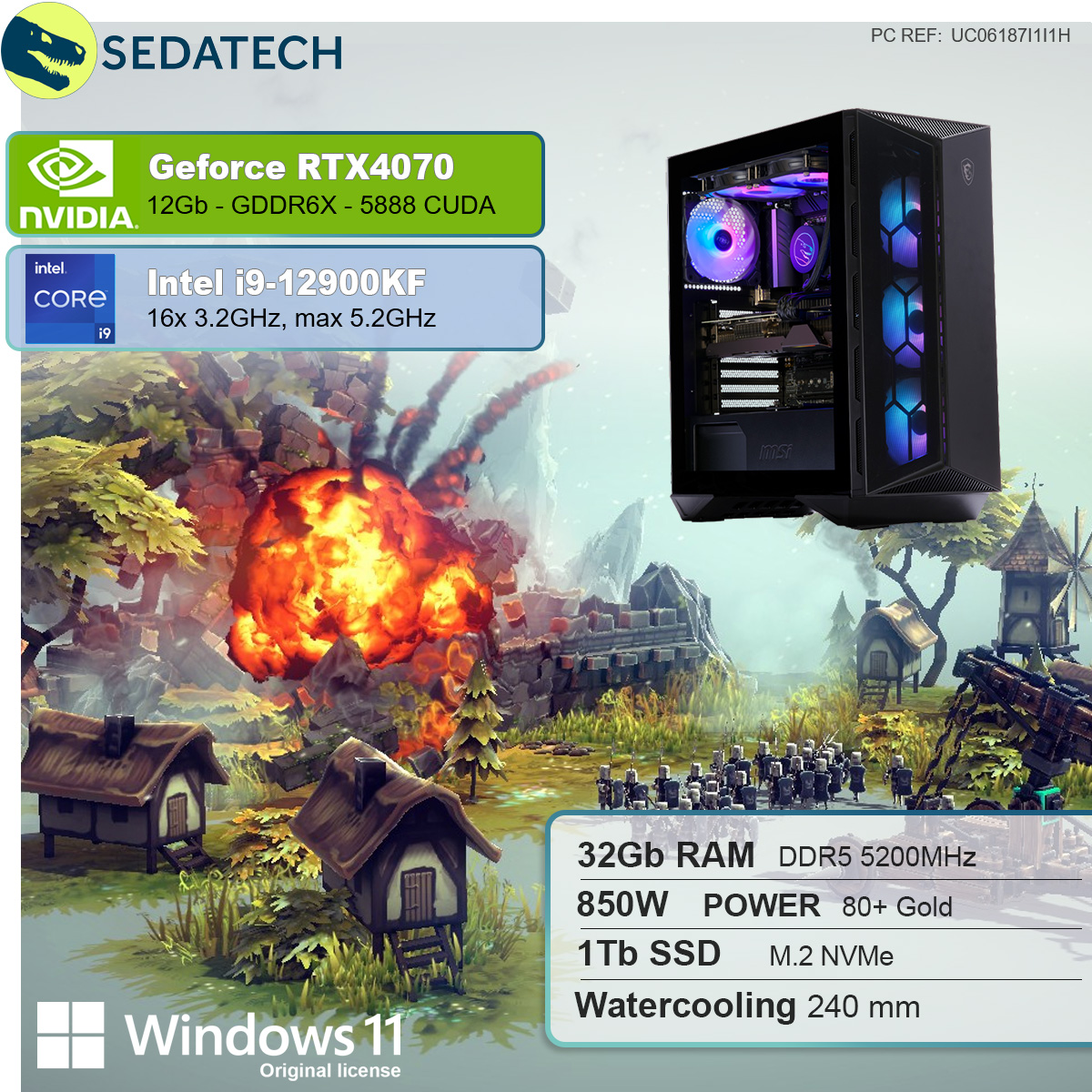 SSD, Wasserkühlung, PC i9 GeForce 11 GB i9-12900KF 4070, 32 Intel Intel® Home Gaming mit Windows SEDATECH mit Prozessor, mehrsprachig, 1000 GB Core™ RAM, GB 12 RTX™ NVIDIA