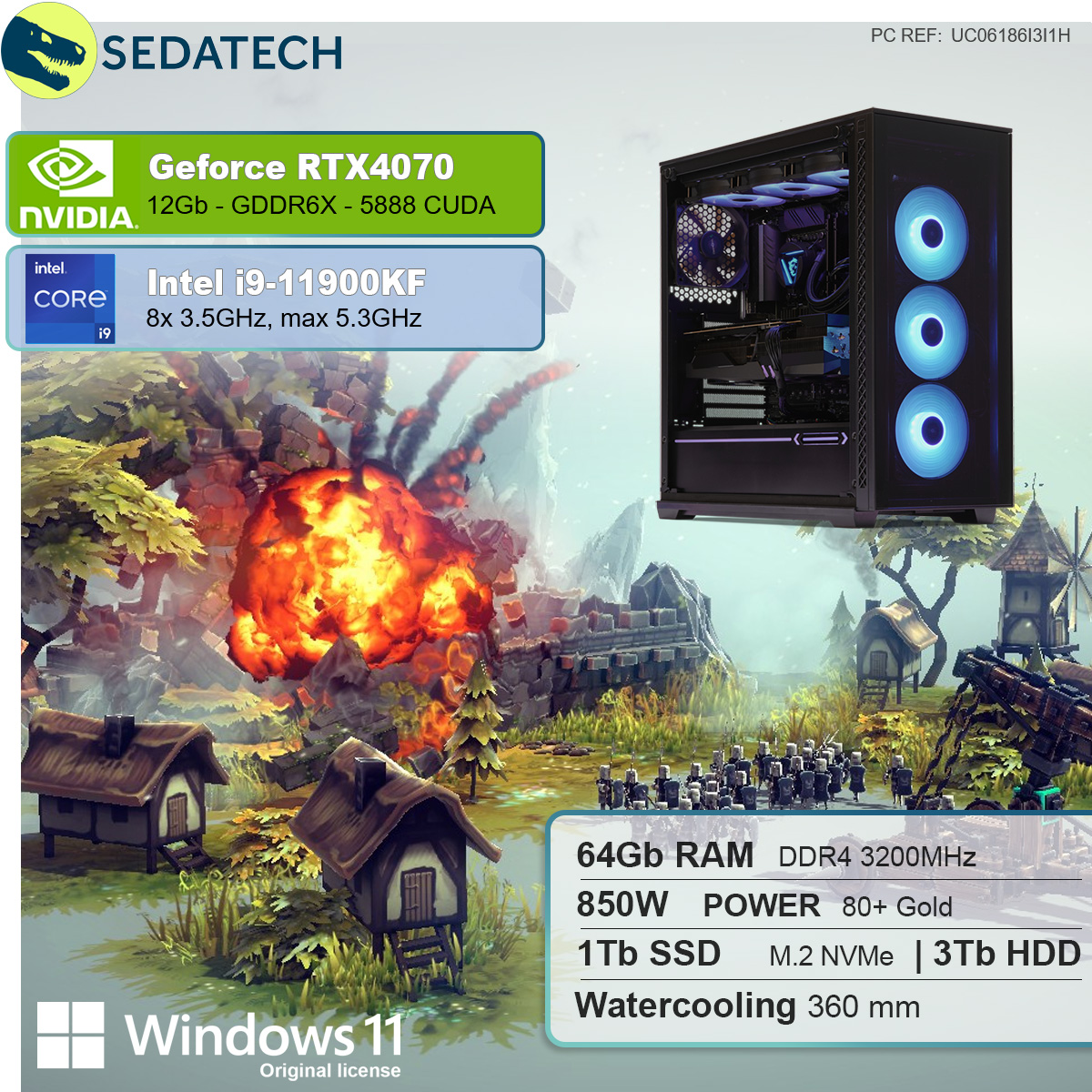 SEDATECH Intel i9-11900KF mit Prozessor, RAM, GB GB NVIDIA i9 GeForce mehrsprachig, Wasserkühlung, GB 4070, 64 Windows mit 12 1000 Core™ 3000 HDD, SSD, RTX™ Gaming PC Home Intel® 11 GB