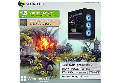 PC Gaming - SEDATECH AMD Ryzen 9 7950X con Watercooling, AMD Ryzen 9 7950X 16x 4.5Ghz (max 5.7Ghz), 64 GB RAM, 2000 GB SSD, GeForce RTX™ 4070, Windows 11 Home (64 Bit), Windows 11 Home multilingüe, Negro