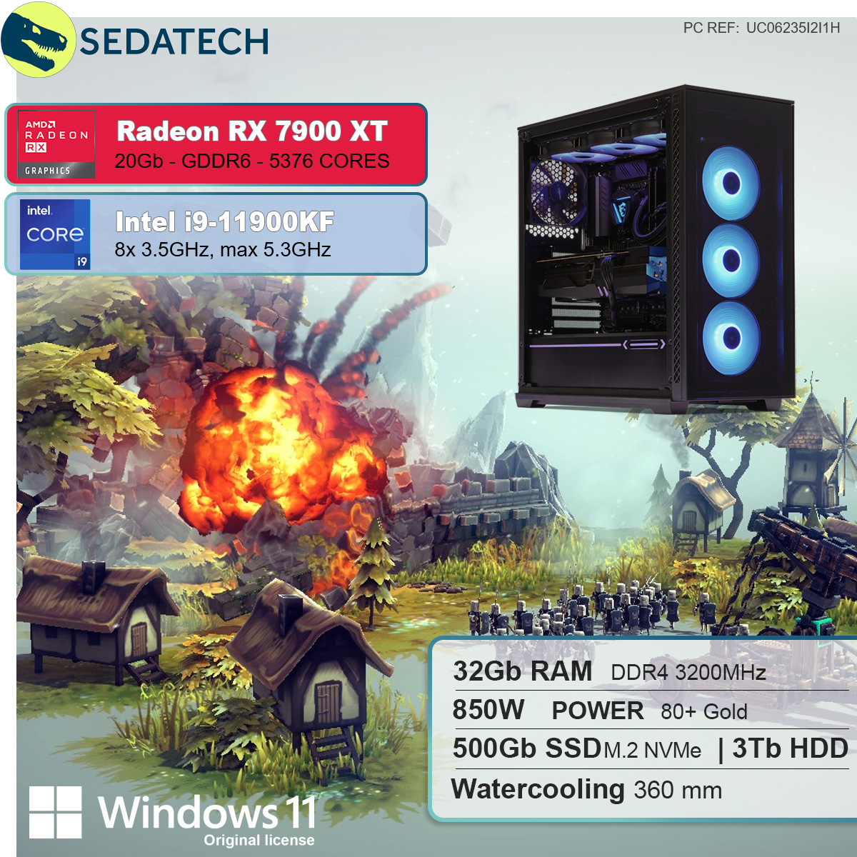 SEDATECH 7900 RX RAM, 3000 mit Gaming 11 GB i9-11900KF Prozessor, mehrsprachig, Intel i9 Wasserkühlung, 500 HDD, mit GB 32 Windows Core™ XT, Intel® GB Home PC SSD, 20 GB Radeon™ AMD