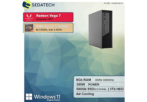 PC de sobremesa - SEDATECH AMD Ryzen 5 5600G, AMD Ryzen 5 5600G 6x 3.9Ghz (max 4.4Ghz), 8 GB RAM, 500 GB SSD, Radeon™ Onboard Graphics, Windows 11 Home (64 Bit), Windows 11 Home multilingüe, Negro