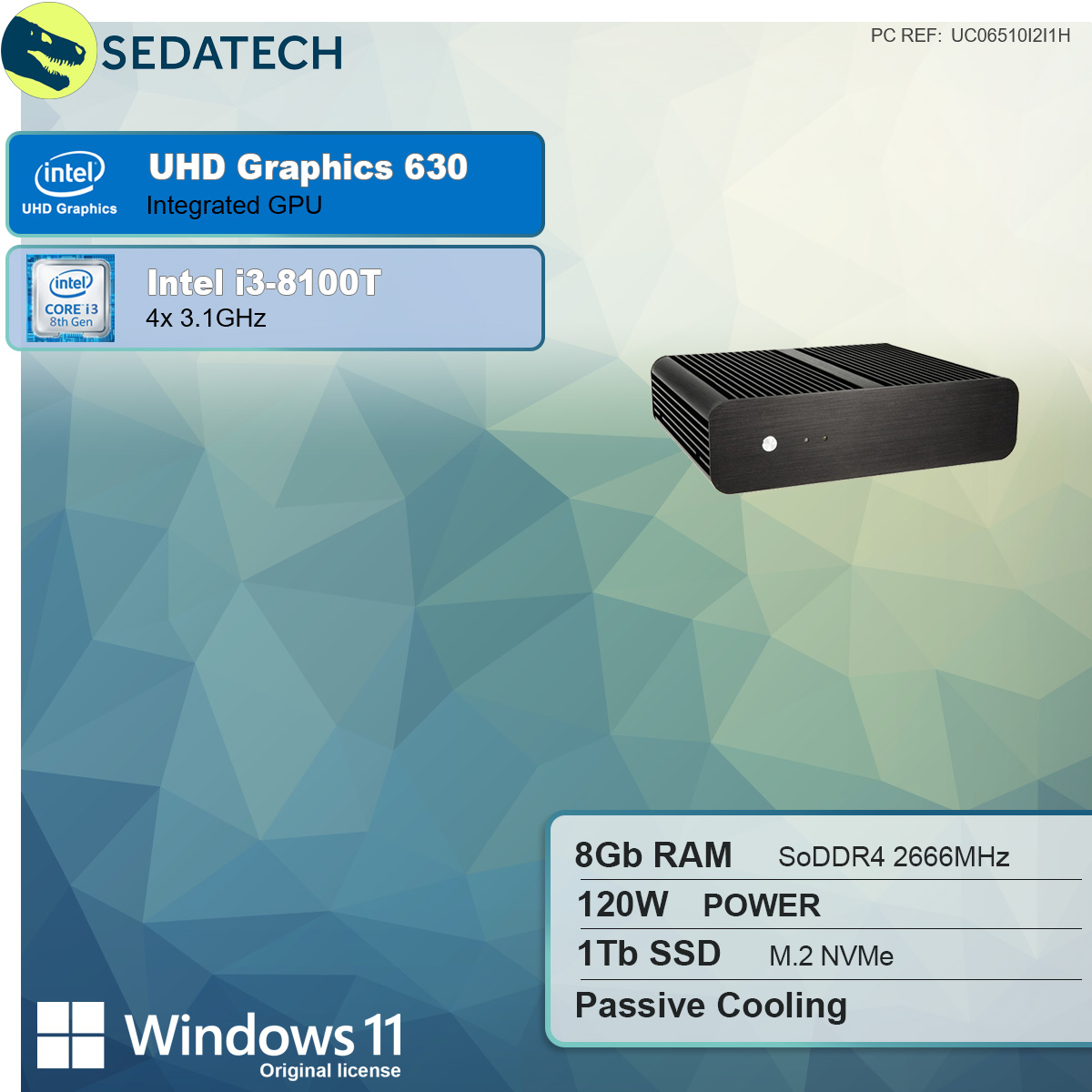 SEDATECH Intel i3-8100T, GB Iris® Windows GB Intel® 6100 i3 mehrsprachig, SSD, Prozessor, mit passiv Pro gekühlt,, RAM, 1000 Home PC-desktop 11 Intel® Core™ 8