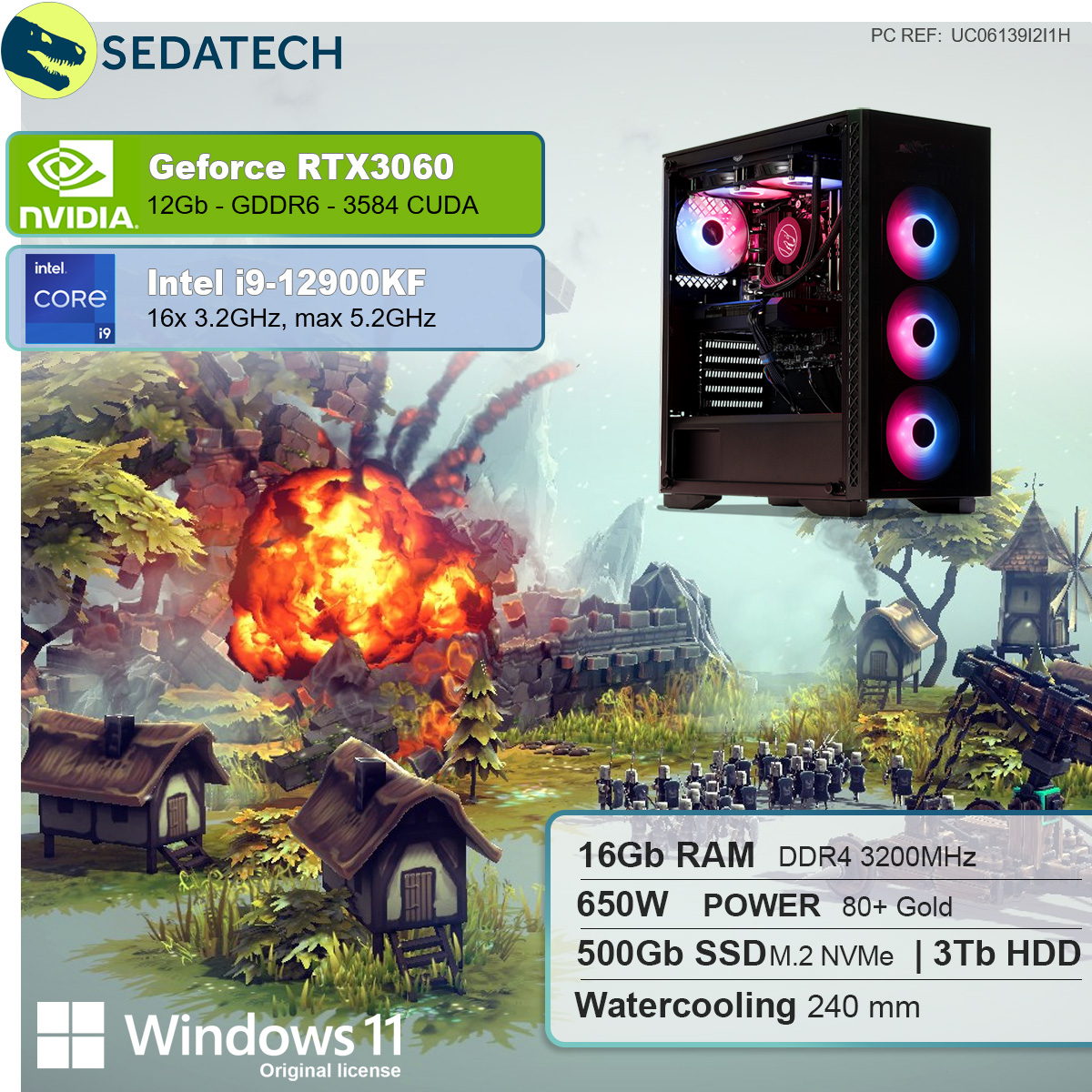 mit PC 16 Intel® 11 SSD, NVIDIA mit Core™ RTX™ 12 GB GeForce 3000 GB Intel i9 3060, Gaming SEDATECH Wasserkühlung, HDD, Prozessor, GB mehrsprachig, Home GB RAM, 500 i9-12900KF Windows