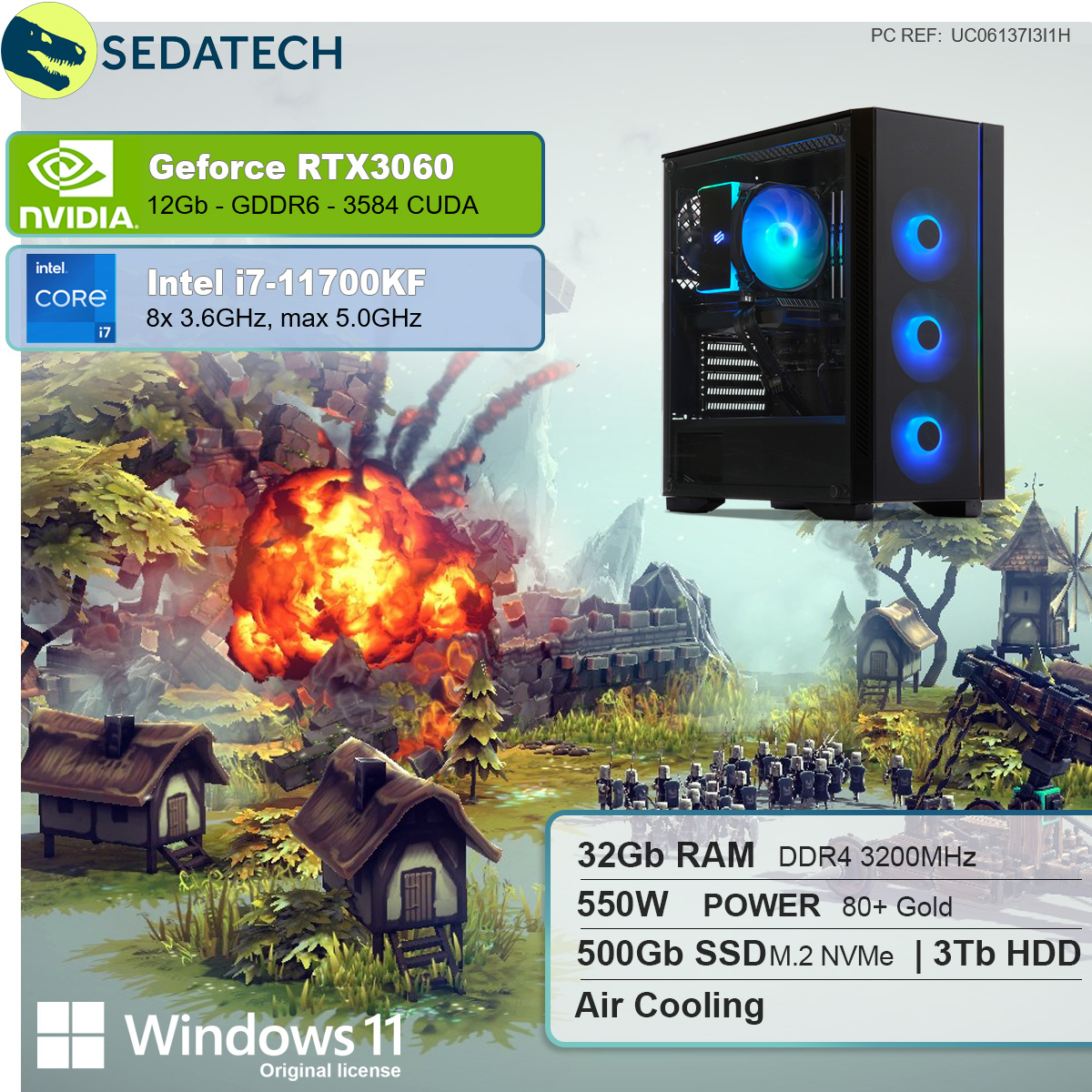 SEDATECH Intel i7-11700KF, Windows 11 Intel® 12 SSD, 3000 GB HDD, GeForce 32 NVIDIA RAM, Home i7 GB Core™ 500 mehrsprachig, GB 3060, RTX™ Gaming PC GB Prozessor, mit