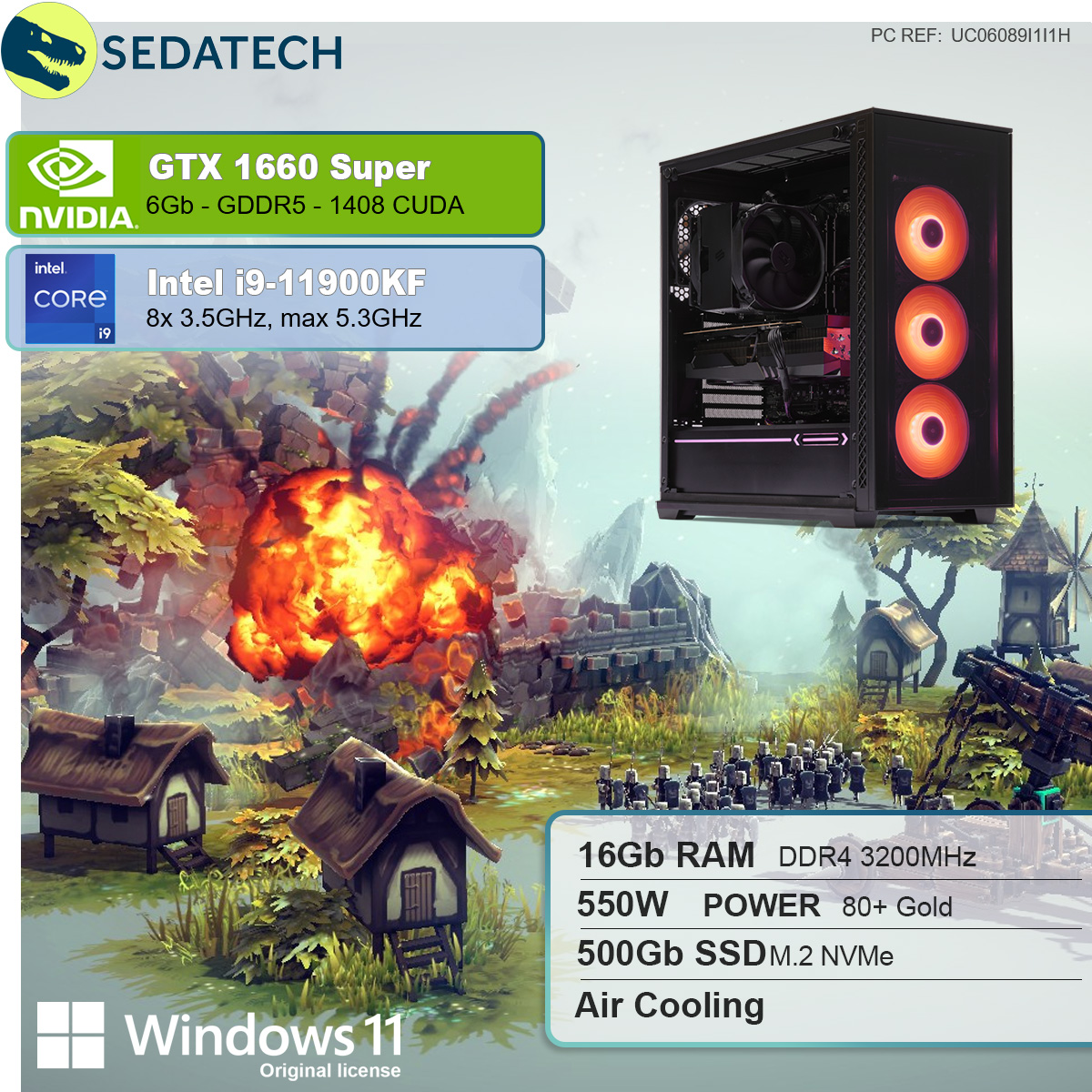 SEDATECH Intel i9-11900KF, Windows Gaming GB 16 GeForce® 500 GB 6 NVIDIA GTX PC 11 mit mehrsprachig, Home 1650 i9 SSD, Core™ SUPER™, Prozessor, RAM, GB Intel®