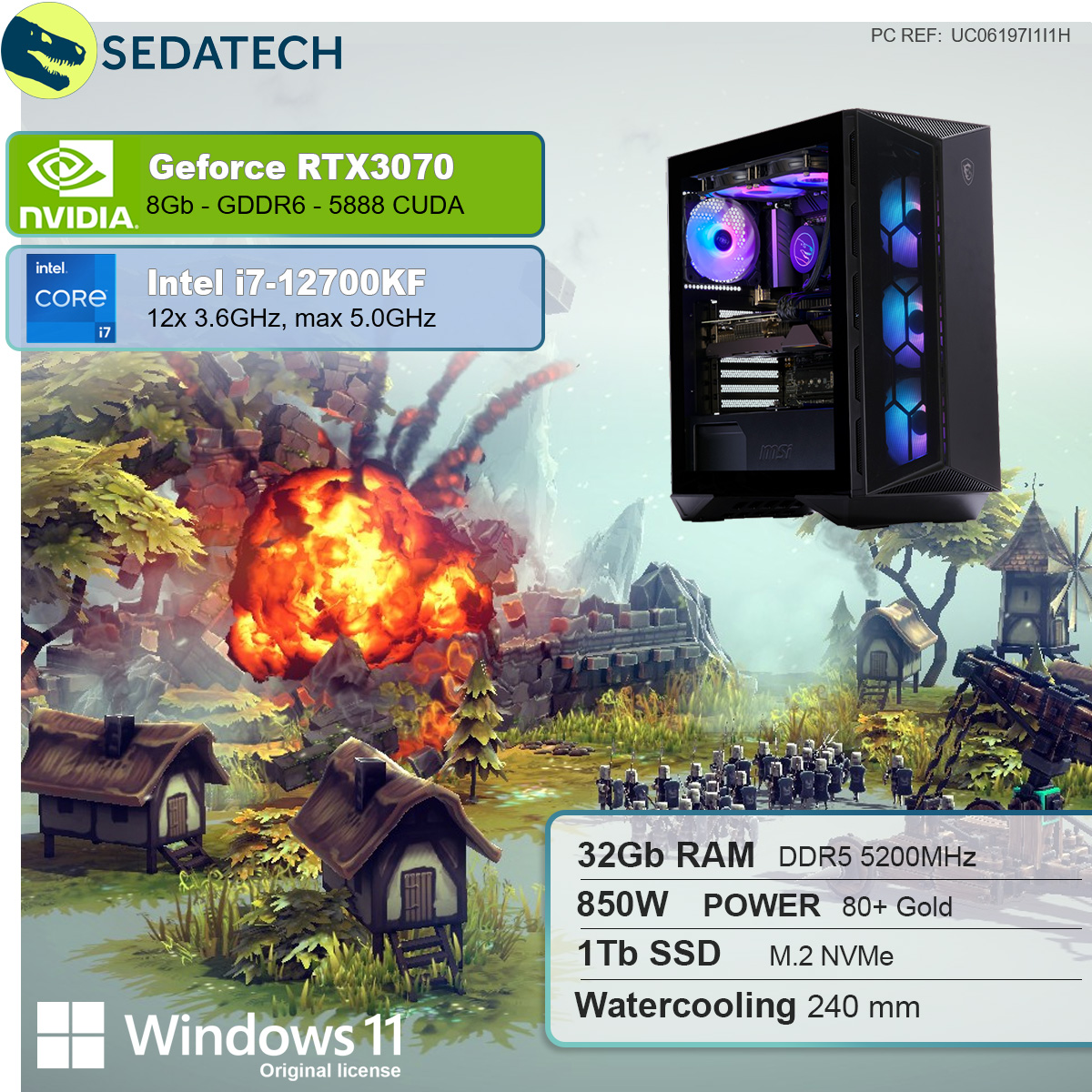 SEDATECH Intel Home SSD, NVIDIA PC i7-12700KF 8 i7 GB 3070, GB mit Wasserkühlung, Gaming mehrsprachig, GB 1000 mit Prozessor, Windows Intel® RTX™ 11 RAM, 32 Core™ GeForce