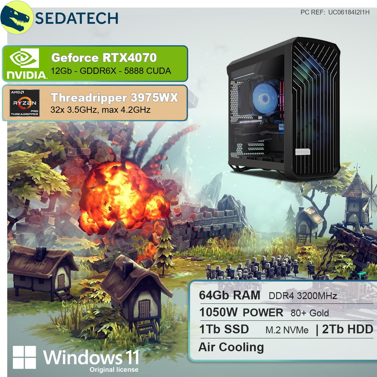 Werbung für Gaming-PC-Komponenten. Grafikkarte, CPU und andere Spezifikationen sind aufgeführt. Dorf im Hintergrund.