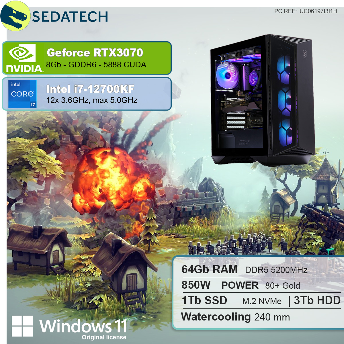 Home mit 8 GeForce PC mit i7-12700KF HDD, Intel GB Windows 64 3000 RTX™ Core™ 3070, RAM, NVIDIA Wasserkühlung, Gaming SSD, Prozessor, mehrsprachig, Intel® SEDATECH GB i7 1000 GB 11 GB
