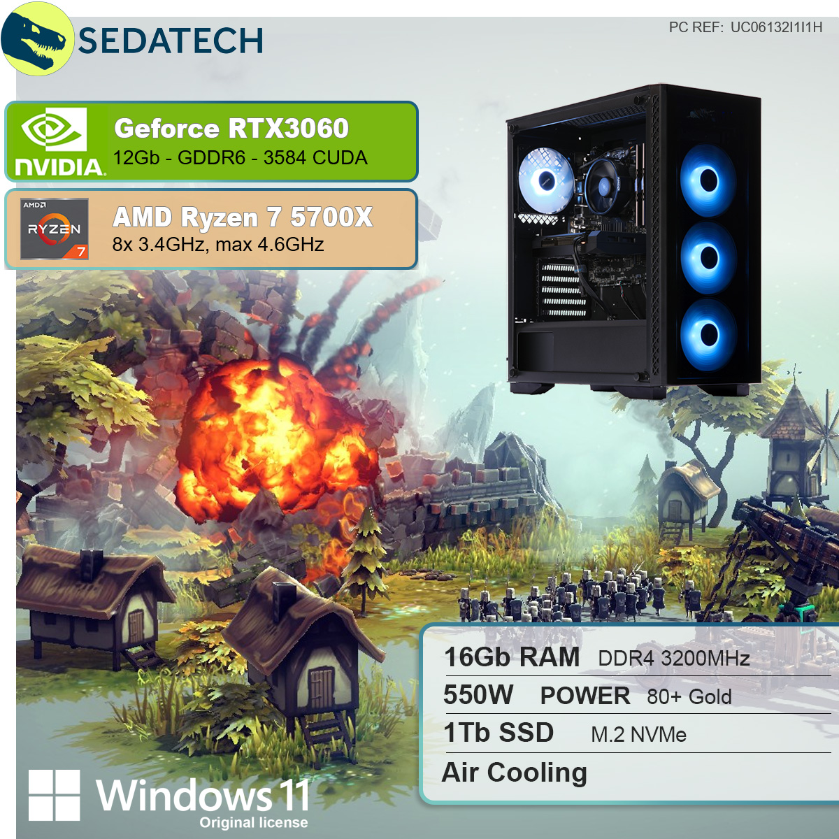 RAM, RTX™ GeForce NVIDIA mehrsprachig, Windows Gaming 12 7 GB Home Ryzen™ SEDATECH 7 SSD, 5700X, 16 1000 AMD PC GB mit Prozessor, GB 11 3060, Ryzen AMD