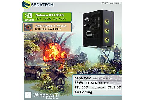 PC Gaming - SEDATECH AMD Ryzen 5 5600X, AMD Ryzen 5 5600X 6x 3.7Ghz (max 4.6Ghz), 64 GB RAM, 2000 GB SSD, GeForce RTX™ 3060, Windows 11 Home (64 Bit), Windows 11 Home multilingüe, Negro