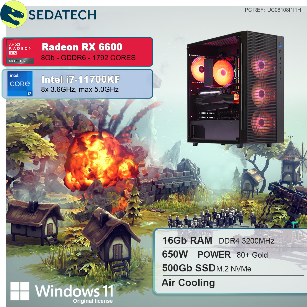 SEDATECH Intel i7-11700KF, Windows 11 8 Home i7 Prozessor, Radeon™ 500 16 mehrsprachig, Intel® GB GB GB SSD, PC Gaming RAM, Core™ RX 6600, mit AMD