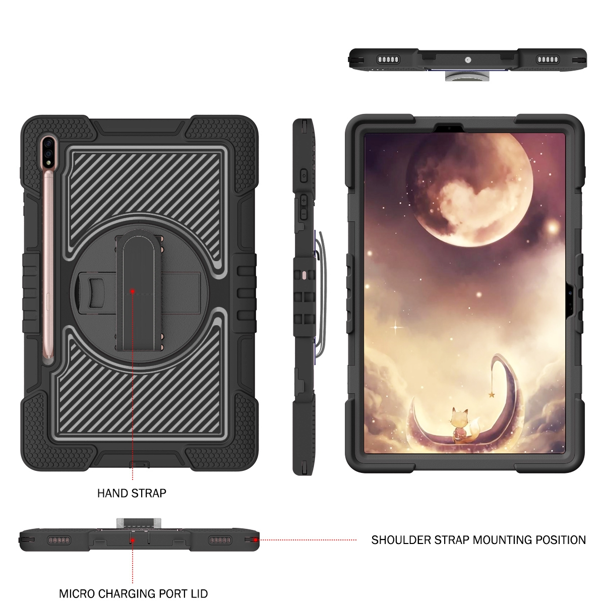 Eine schwarze Tablet-Hülle mit einem rosafarbenen Stift, verschiedenen Ansichten und einer Cartoon-Mondszene.