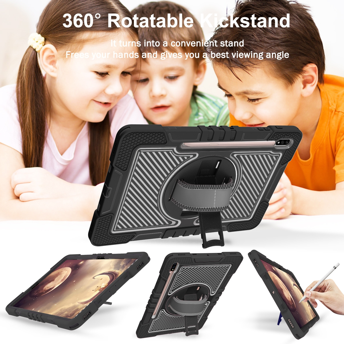 Kinder betrachten ein Tablet in einer Schutzhülle. Die Hülle hat einen Ständer.