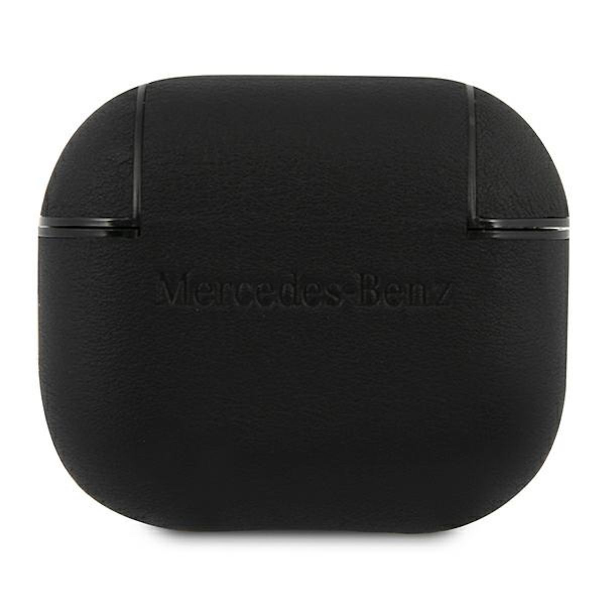 Ein schwarzes, lederartiges Etui mit dem geprägten Mercedes-Benz Logo auf der Vorderseite.