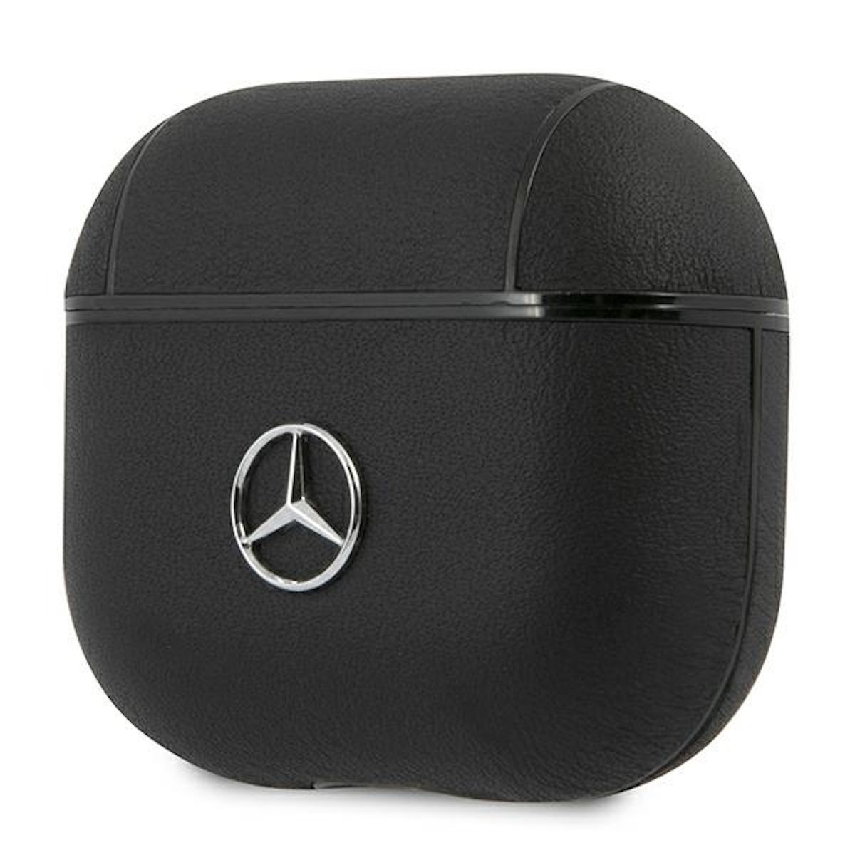 Schwarzes Lederetui für AirPods mit Mercedes-Logo, auf weißem Hintergrund.