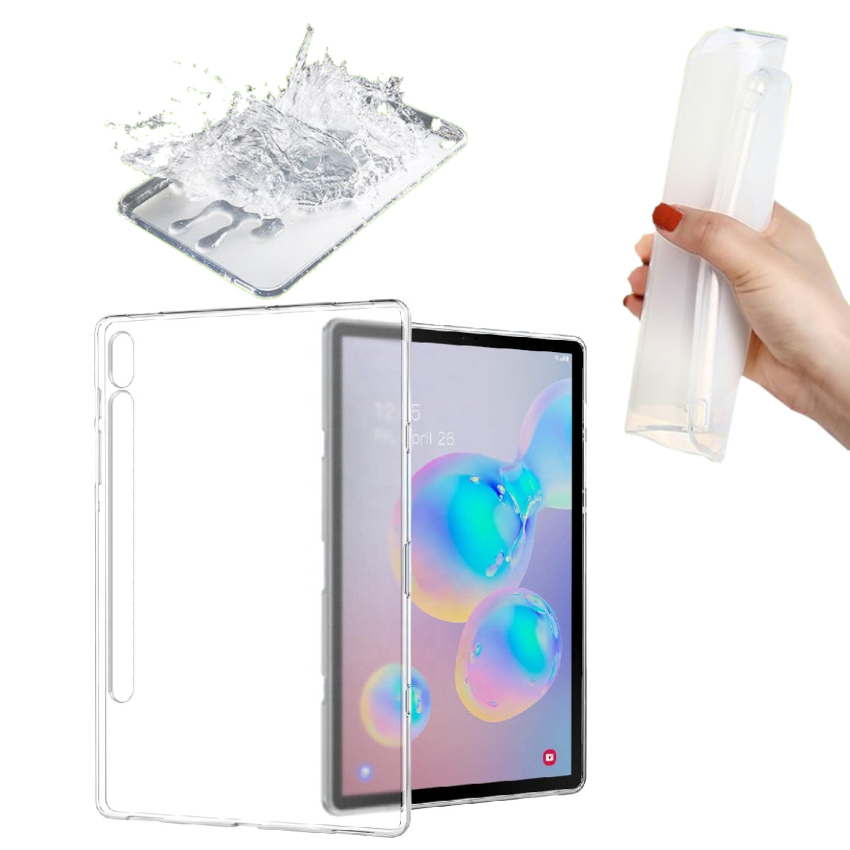 Klarer Tablet und Hülle. Wasser spritzt auf eines. Hand hält ein anderes. Tablet zeigt bunte Blasen auf schwarzem Hintergrund.