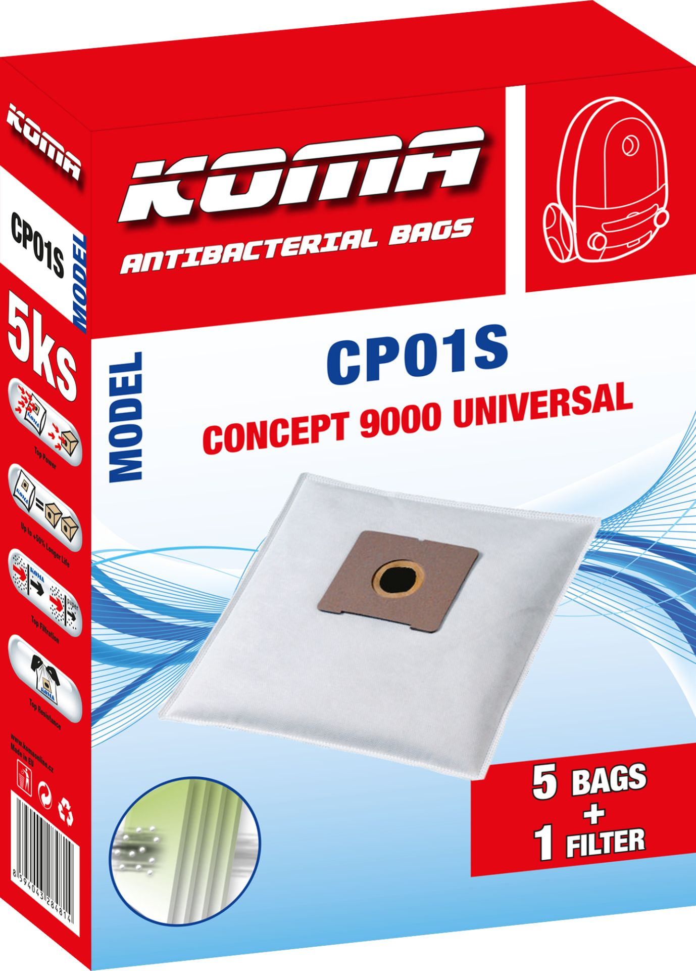 Box mit Staubsaugerbeuteln mit dem Text "CP01S CONCEPT 9000 UNIVERSAL" und "ANTIBACTERIAL BAGS".