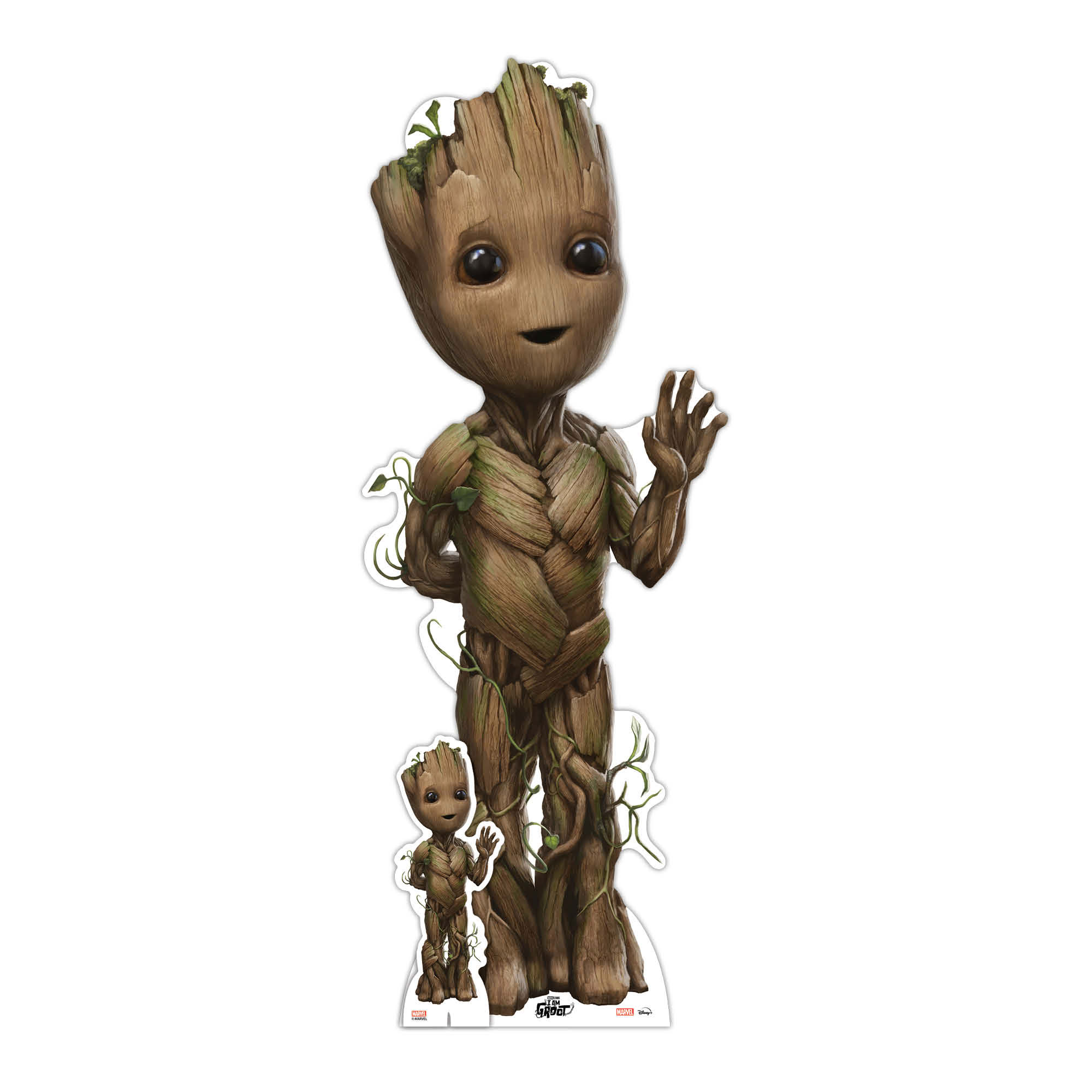 Ein Ausschnitt von Baby Groot und dem erwachsenen Groot aus Guardians of the Galaxy steht vor einem weißen Hintergrund.
