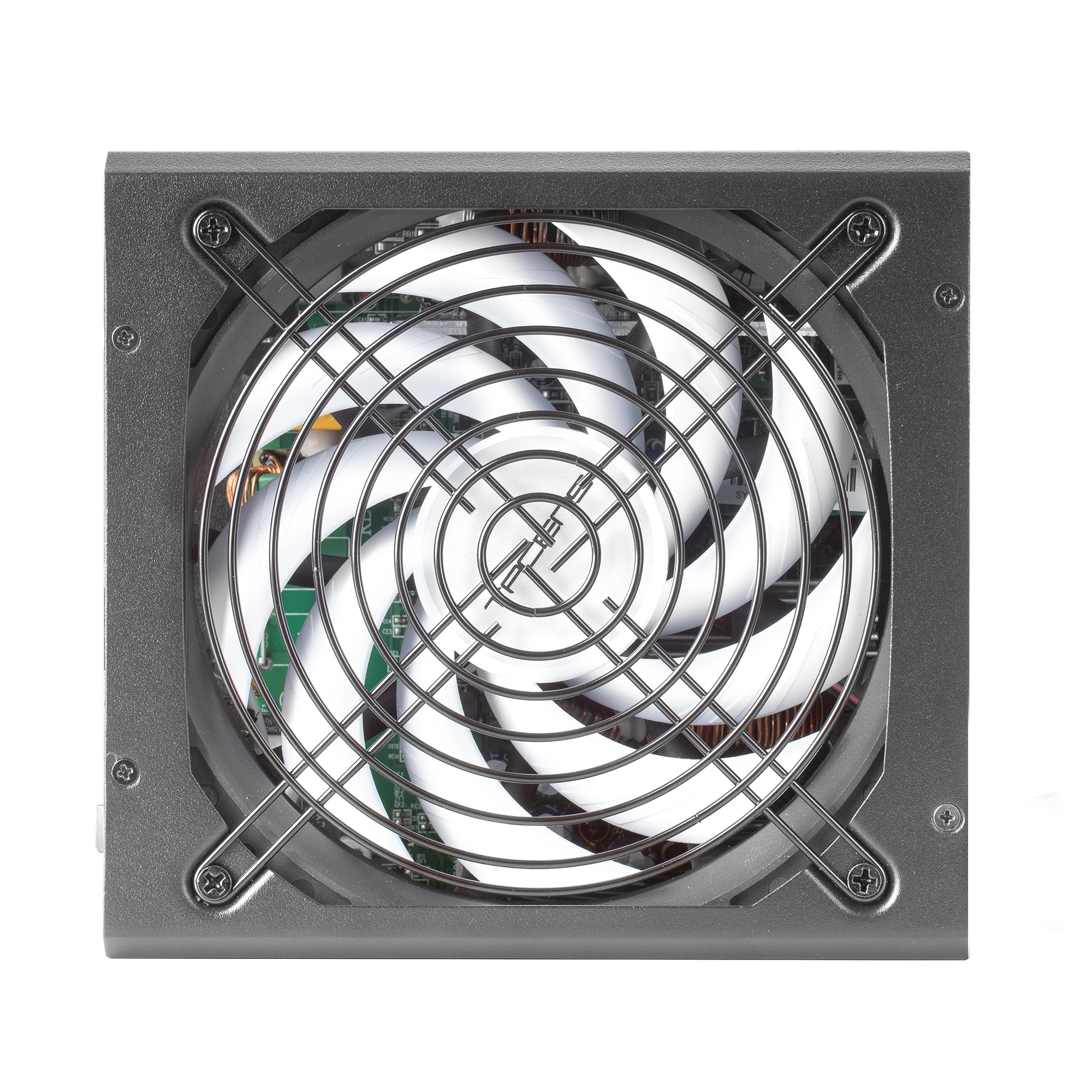 Ventola dell'alimentatore con griglia metallica e pale bianche, all'interno di un telaio metallico grigio, su sfondo bianco.